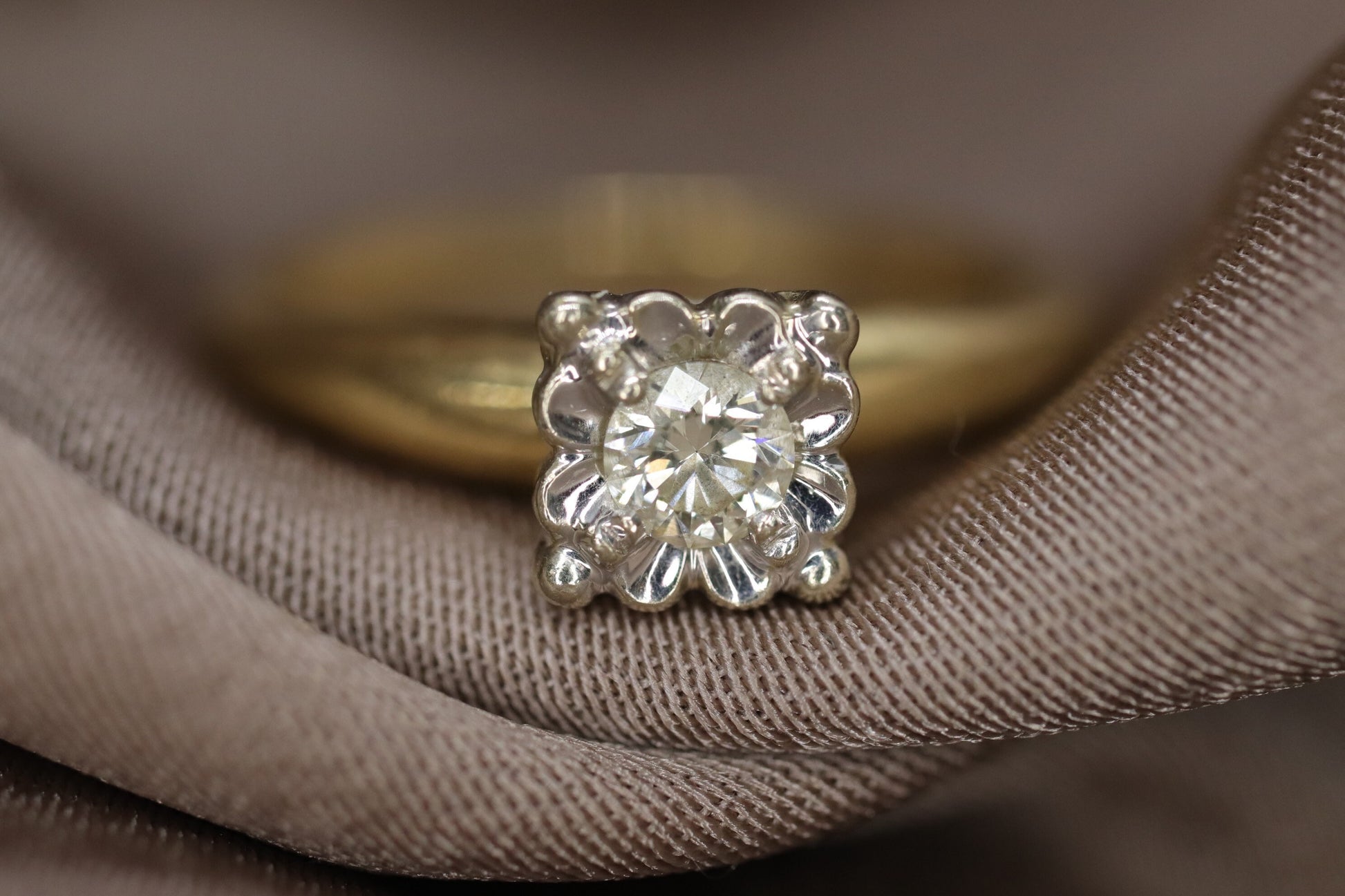 Art Deco Diamond ring. 14k Yellow and White Gold Square table.