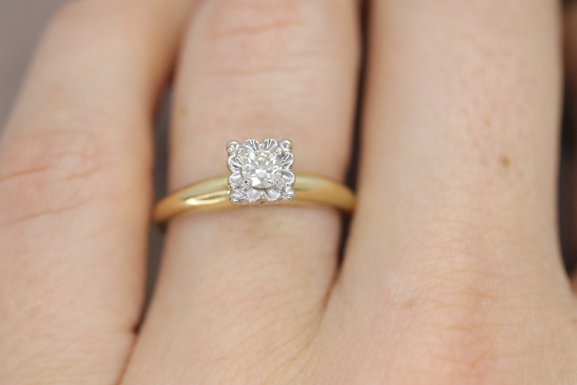 Art Deco Diamond ring. 14k Yellow and White Gold Square table.