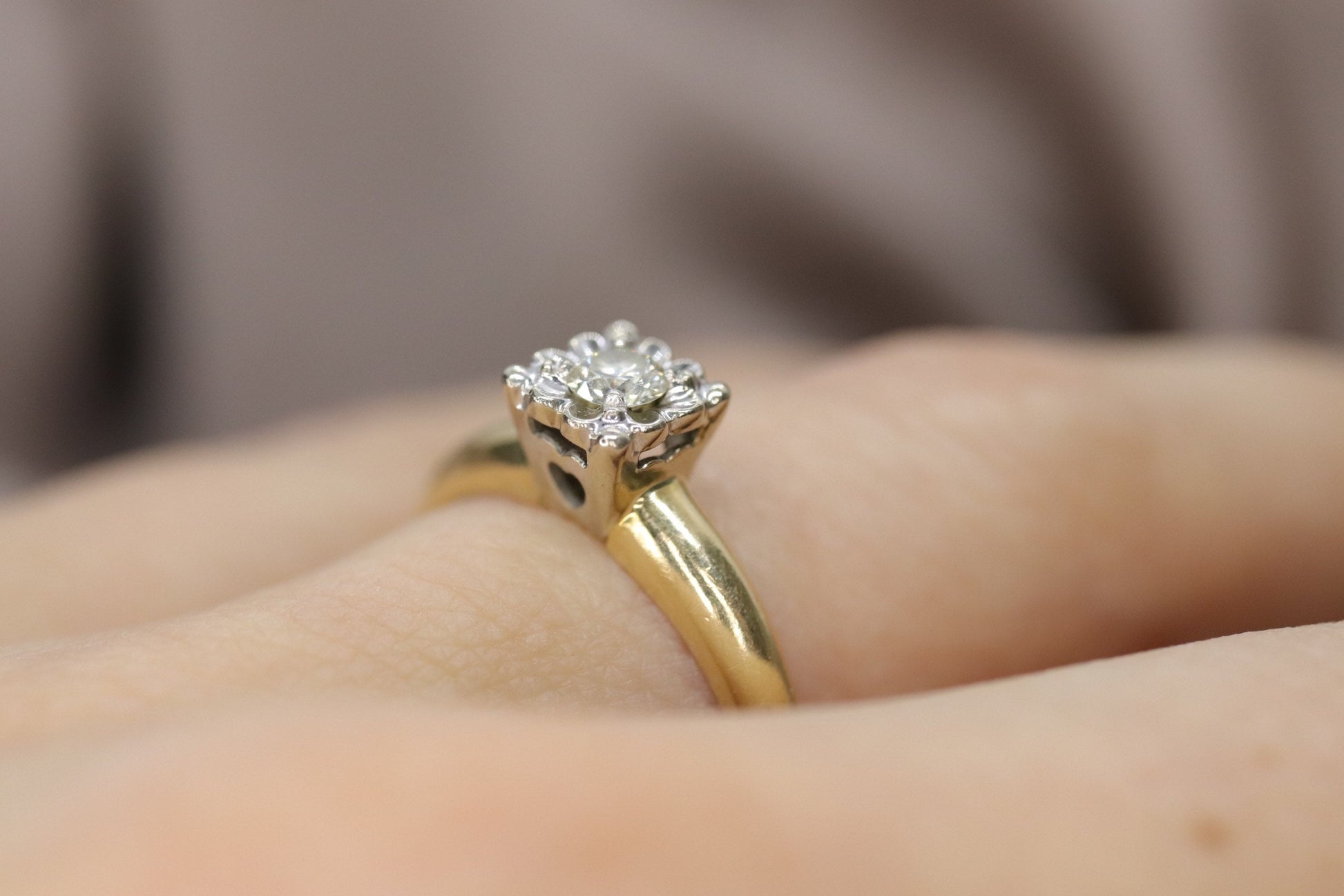 Art Deco Diamond ring. 14k Yellow and White Gold Square table.