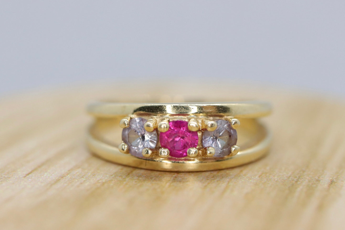 10k Yellow Gold 3 gemstone band. Ruby and Topaz band