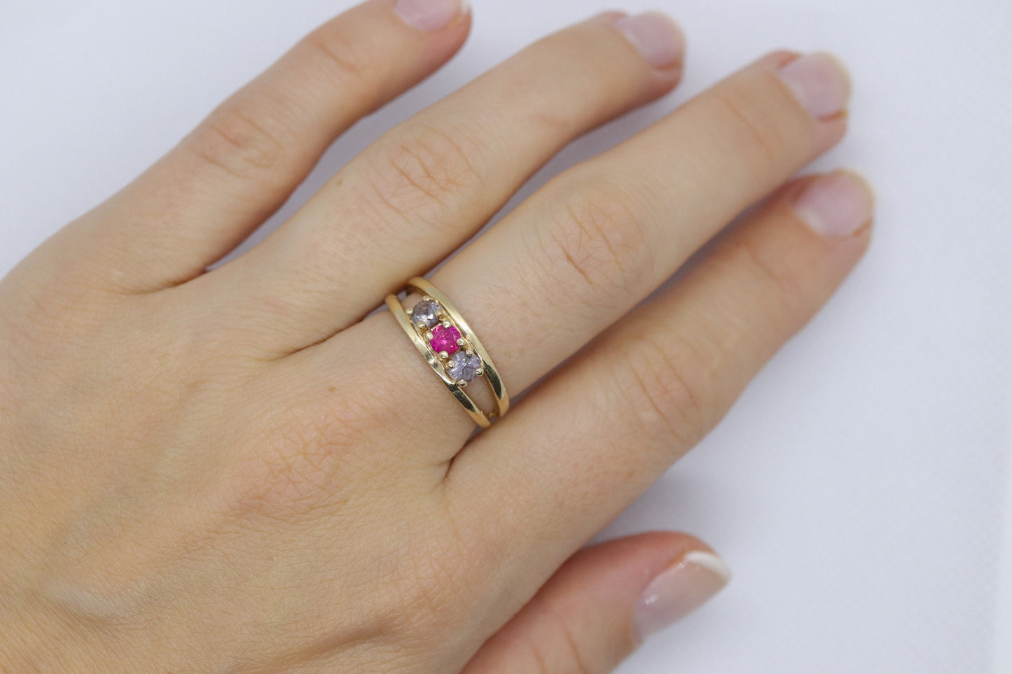 10k Yellow Gold 3 gemstone band. Ruby and Topaz band