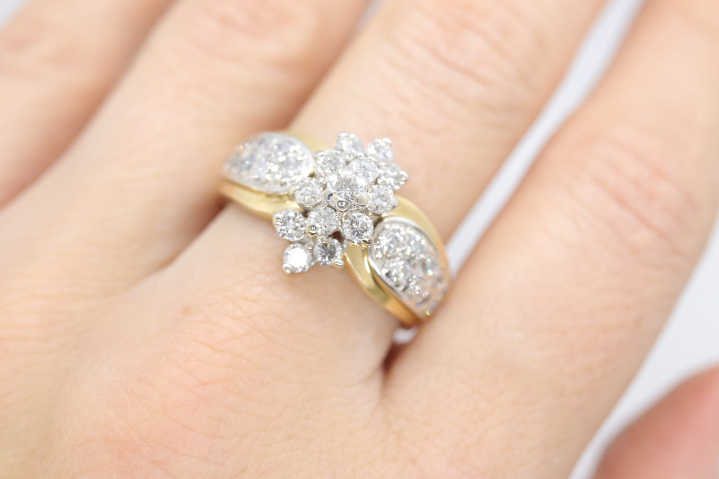 14k Yellow Gold Ring. Round Diamond Cluster Ring. Waterfall diamond. 1.46ctw diamonds