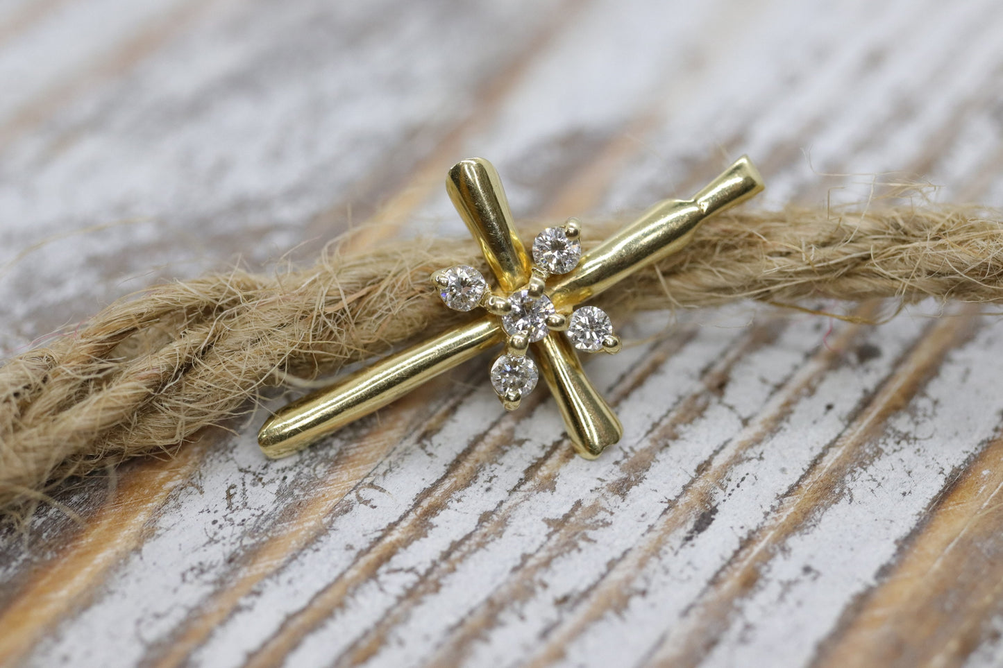 14k Gold Cross Crucifix with Diamond cluster. 14k Cross diamond slide pendant
