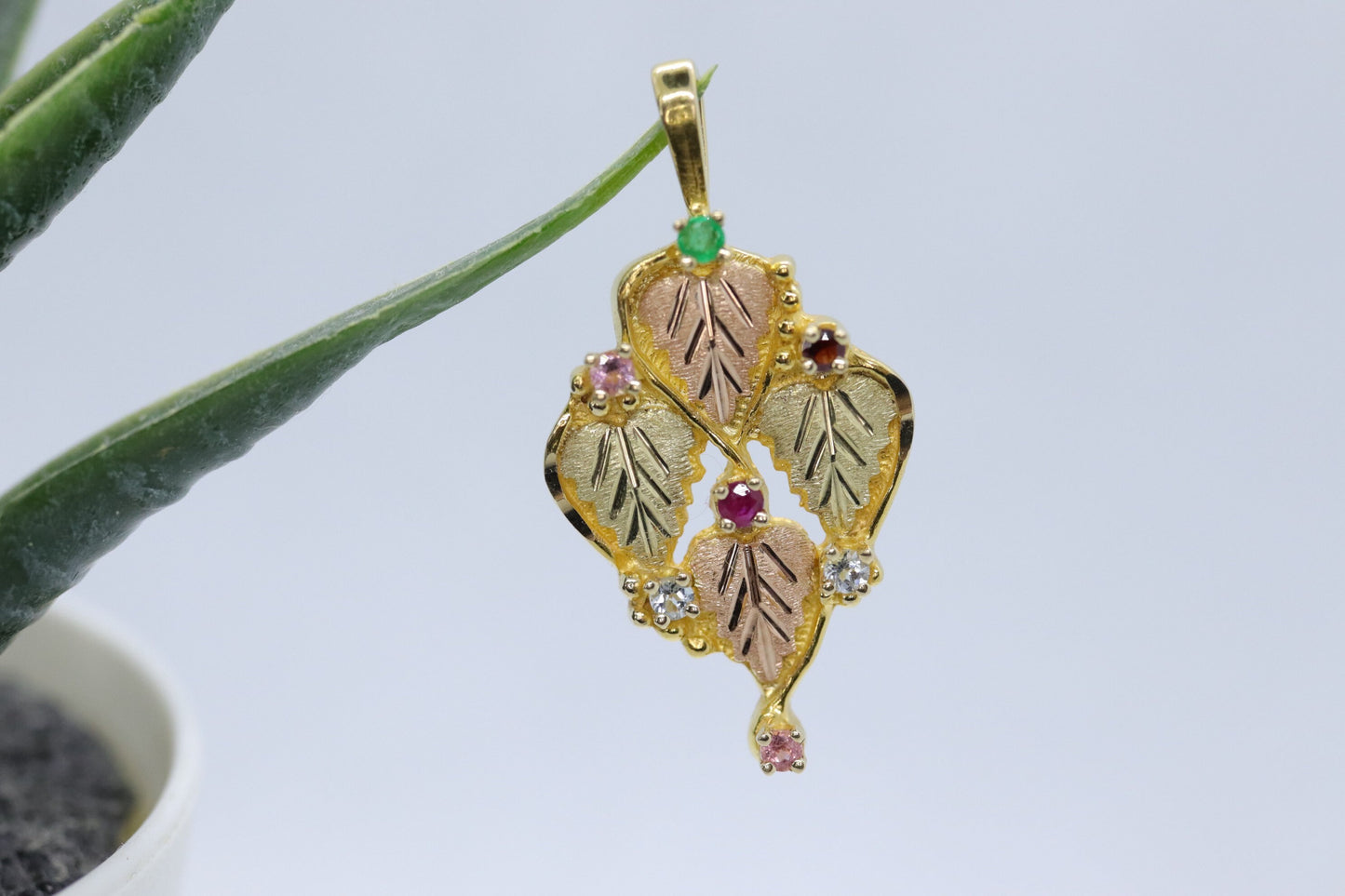 10k 12k Black Hills Gold Pendant. Black Hills Gold Ruby Garnet Emerald Topaz Leaves pendant
