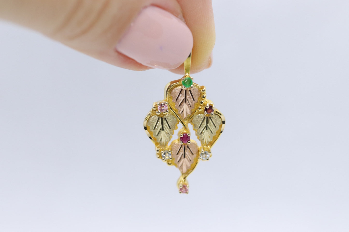 10k 12k Black Hills Gold Pendant. Black Hills Gold Ruby Garnet Emerald Topaz Leaves pendant