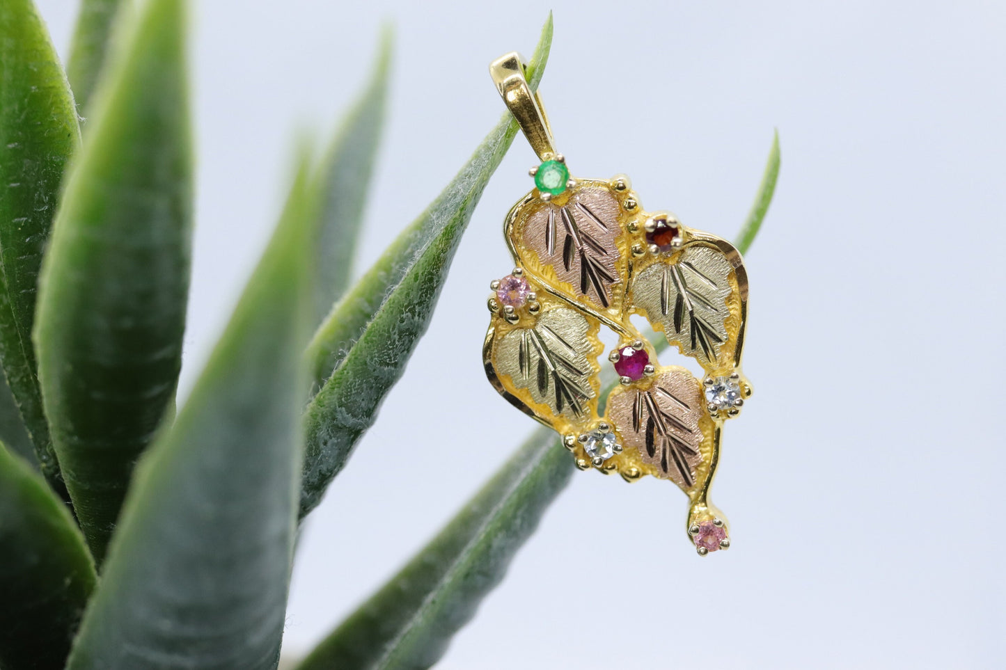 10k 12k Black Hills Gold Pendant. Black Hills Gold Ruby Garnet Emerald Topaz Leaves pendant