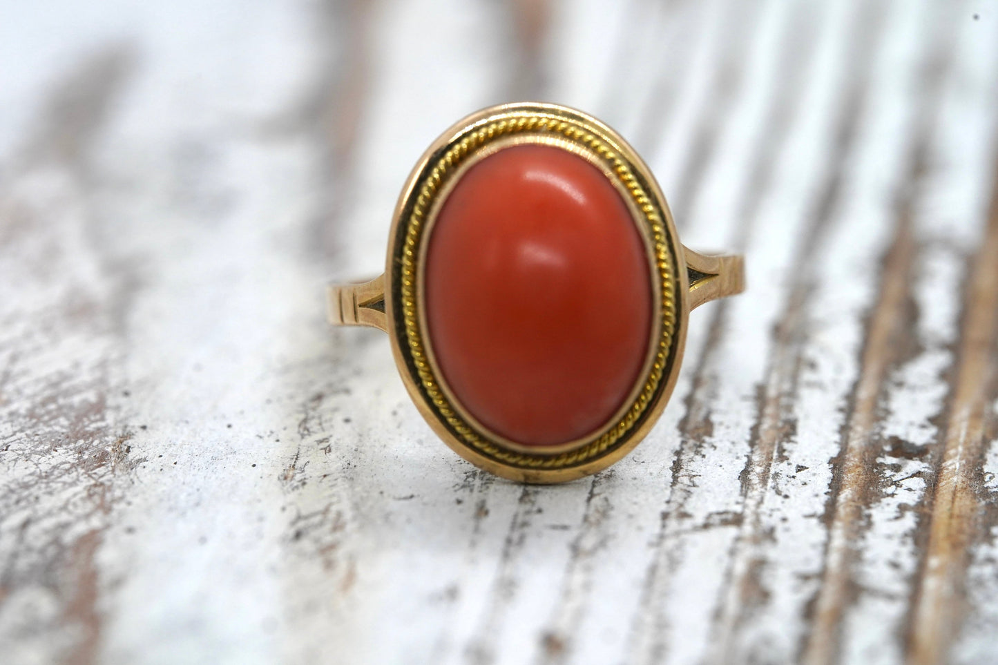 18k Large Oval Orange CORAL ring. 18k Coral Cabochon bezel set statement ring