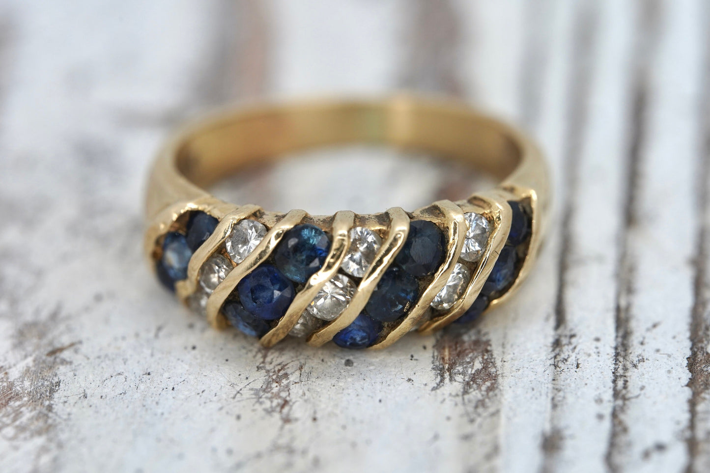 Stunning 14k Diamond and Sapphires Band. 14k Diamond and sapphire channel ring.