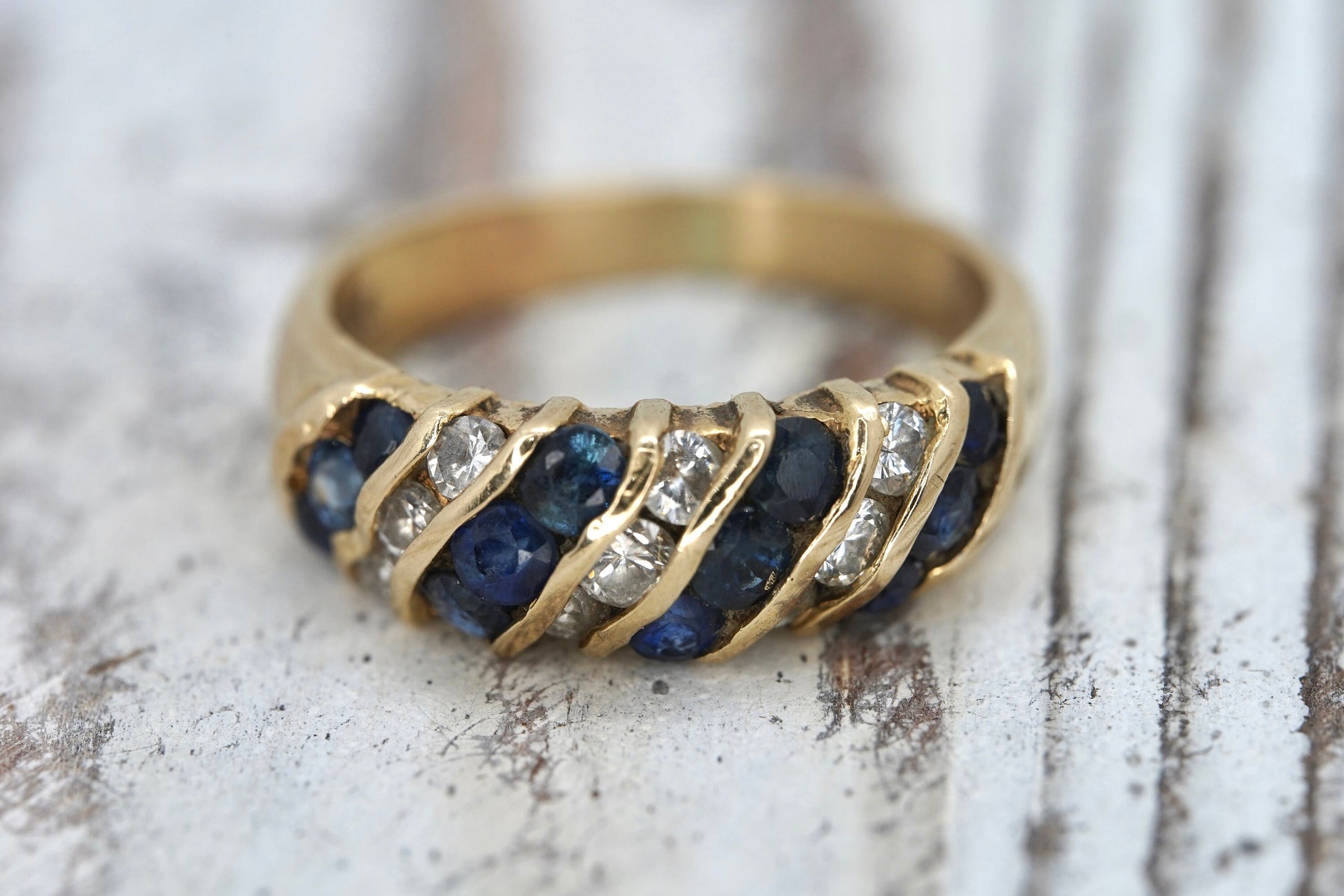 Stunning 14k Diamond and Sapphires Band. 14k Diamond and sapphire channel ring.