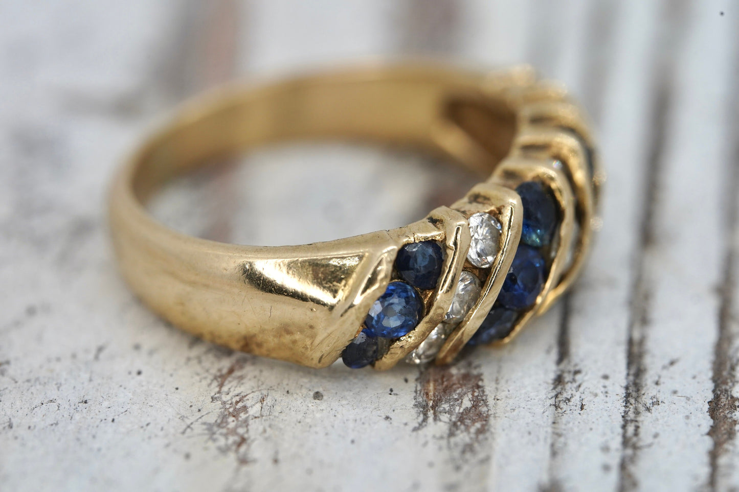 Stunning 14k Diamond and Sapphires Band. 14k Diamond and sapphire channel ring.