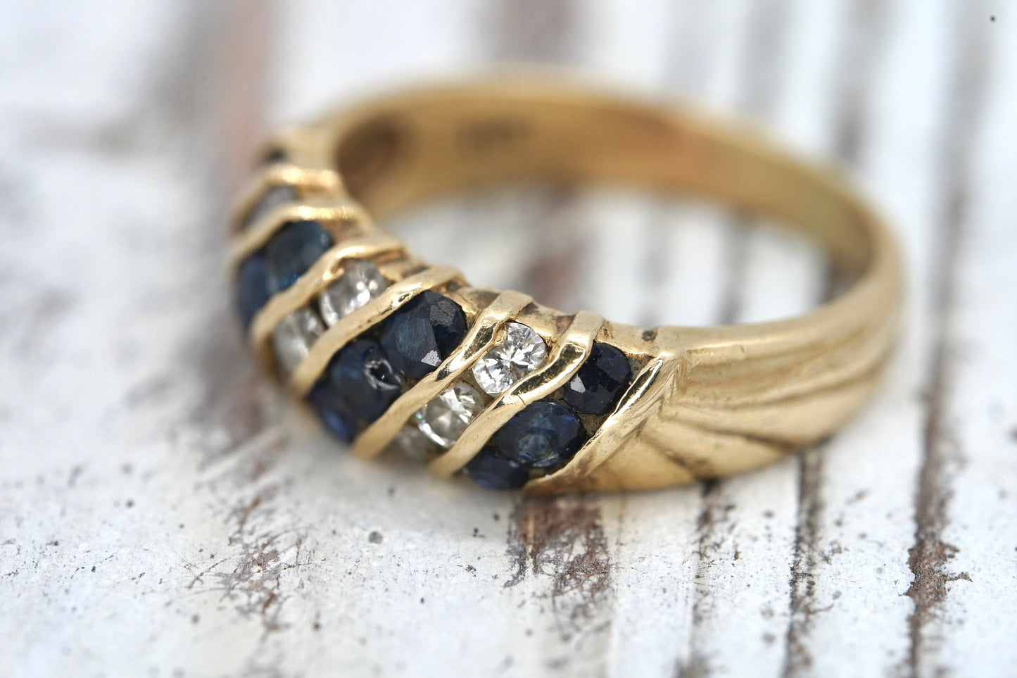 Stunning 14k Diamond and Sapphires Band. 14k Diamond and sapphire channel ring.