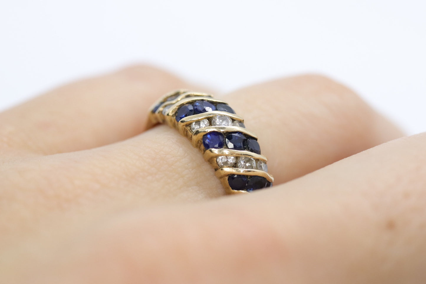 Stunning 14k Diamond and Sapphires Band. 14k Diamond and sapphire channel ring.
