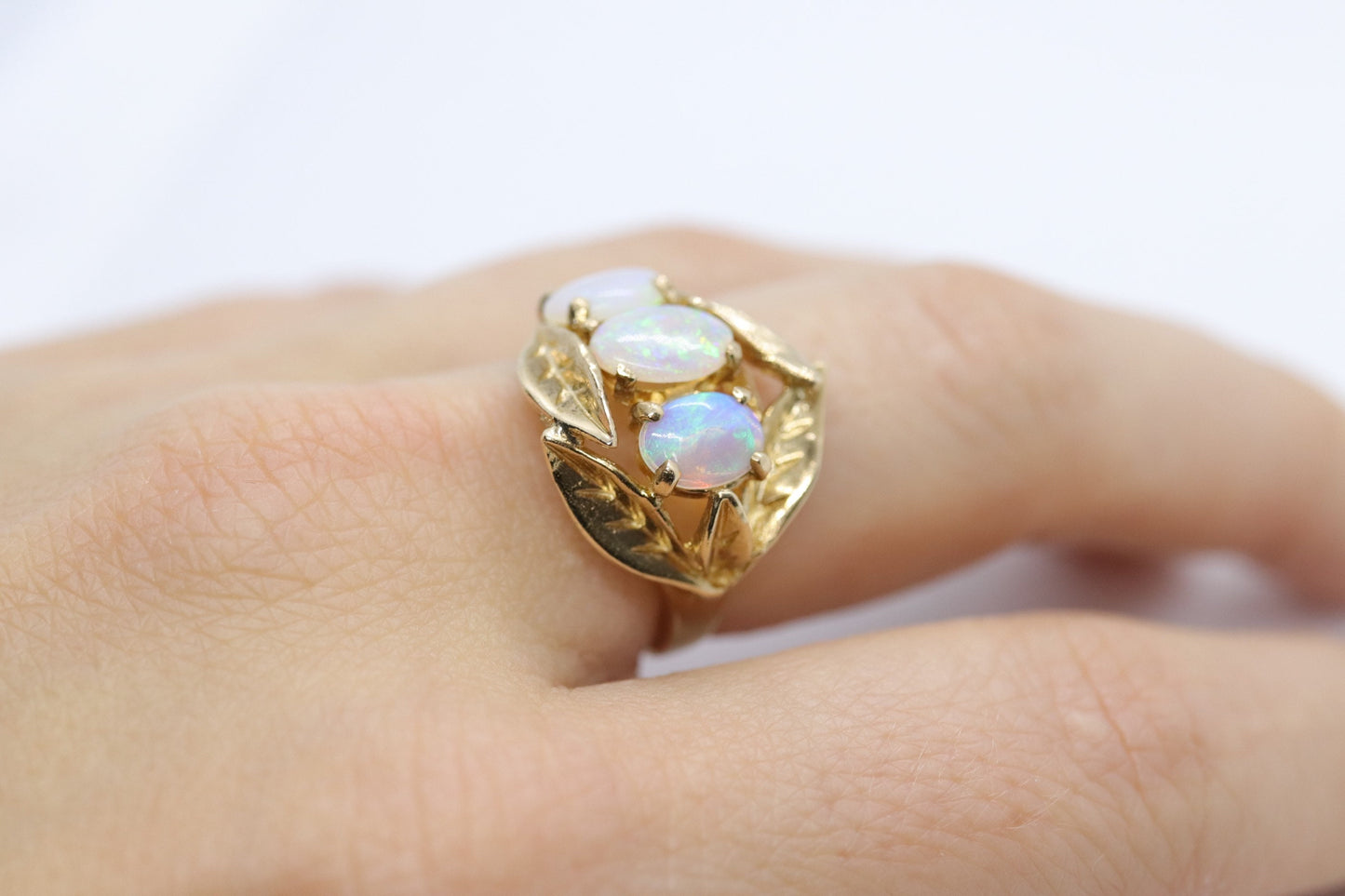 14k Opal Trio ring. Triple OPAL Crystal and Filigree leaves statement ring.