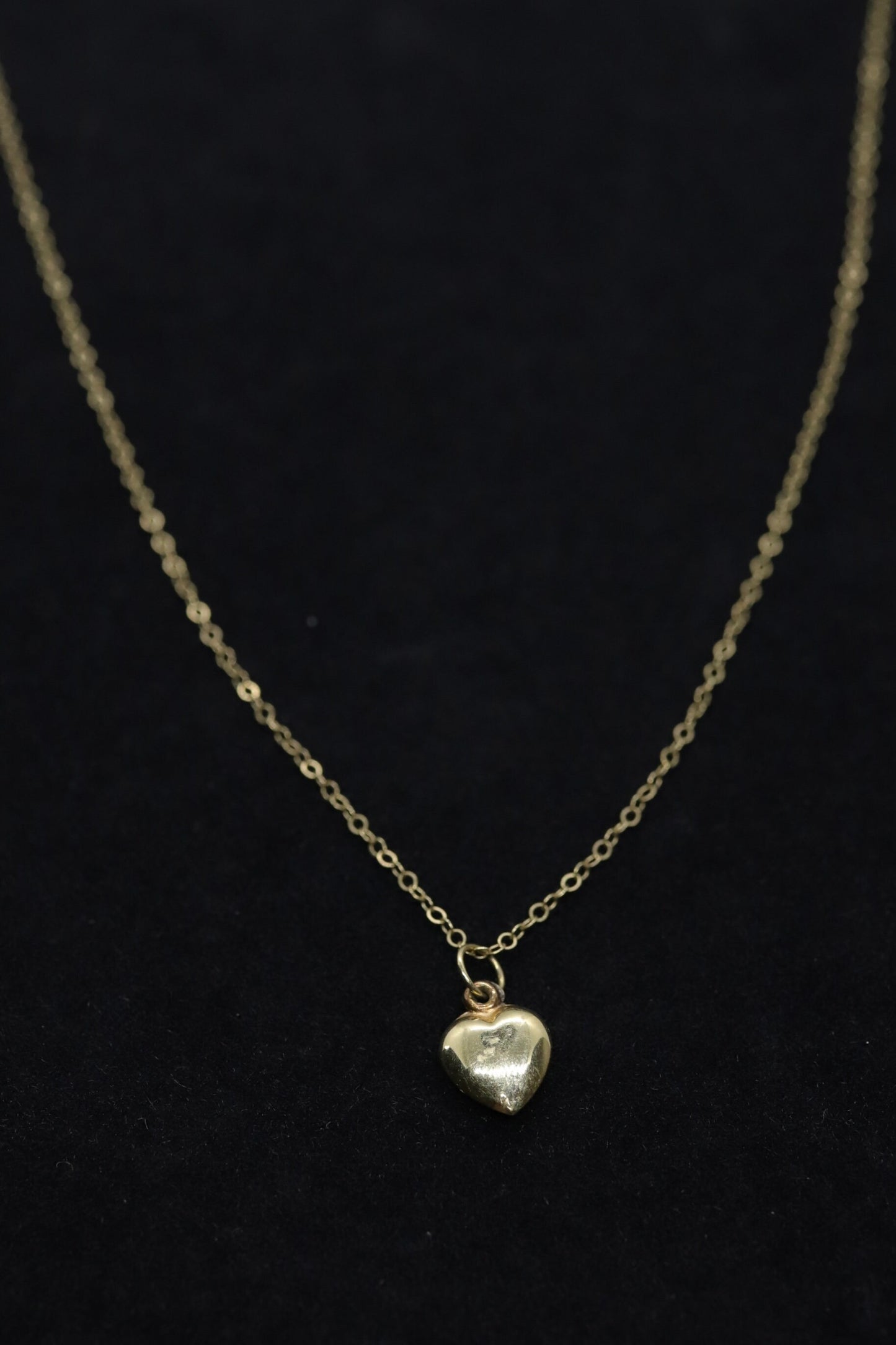14k Puffed Heart Pendant. 14k Cable chain necklace. 1mm wide 15in length