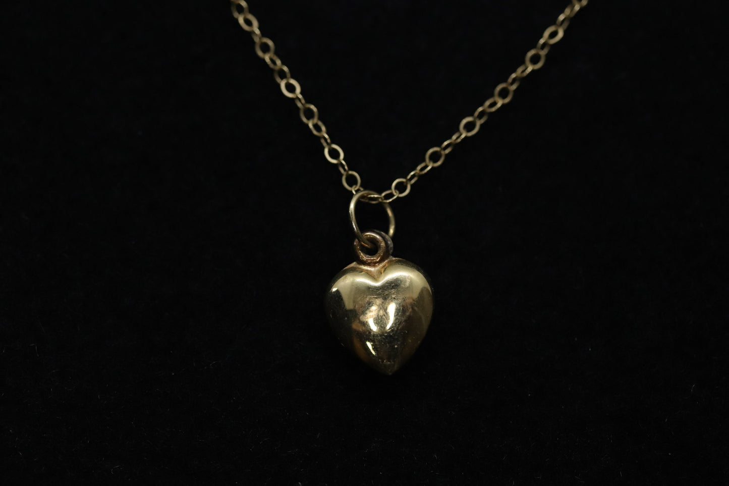 14k Puffed Heart Pendant. 14k Cable chain necklace. 1mm wide 15in length