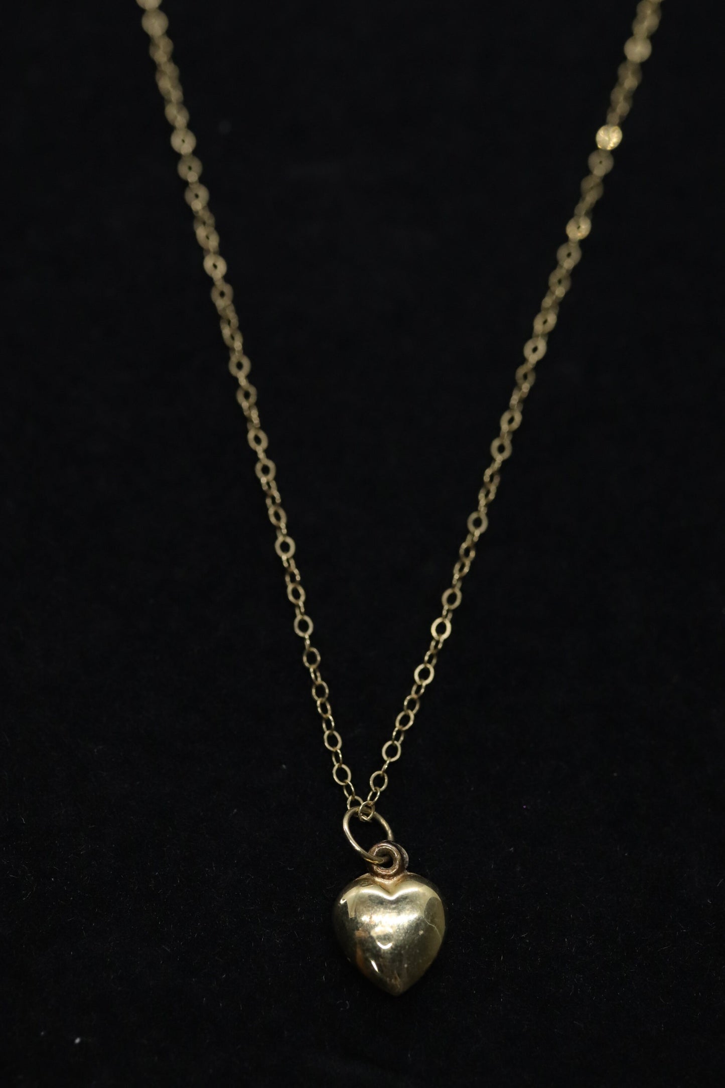 14k Puffed Heart Pendant. 14k Cable chain necklace. 1mm wide 15in length