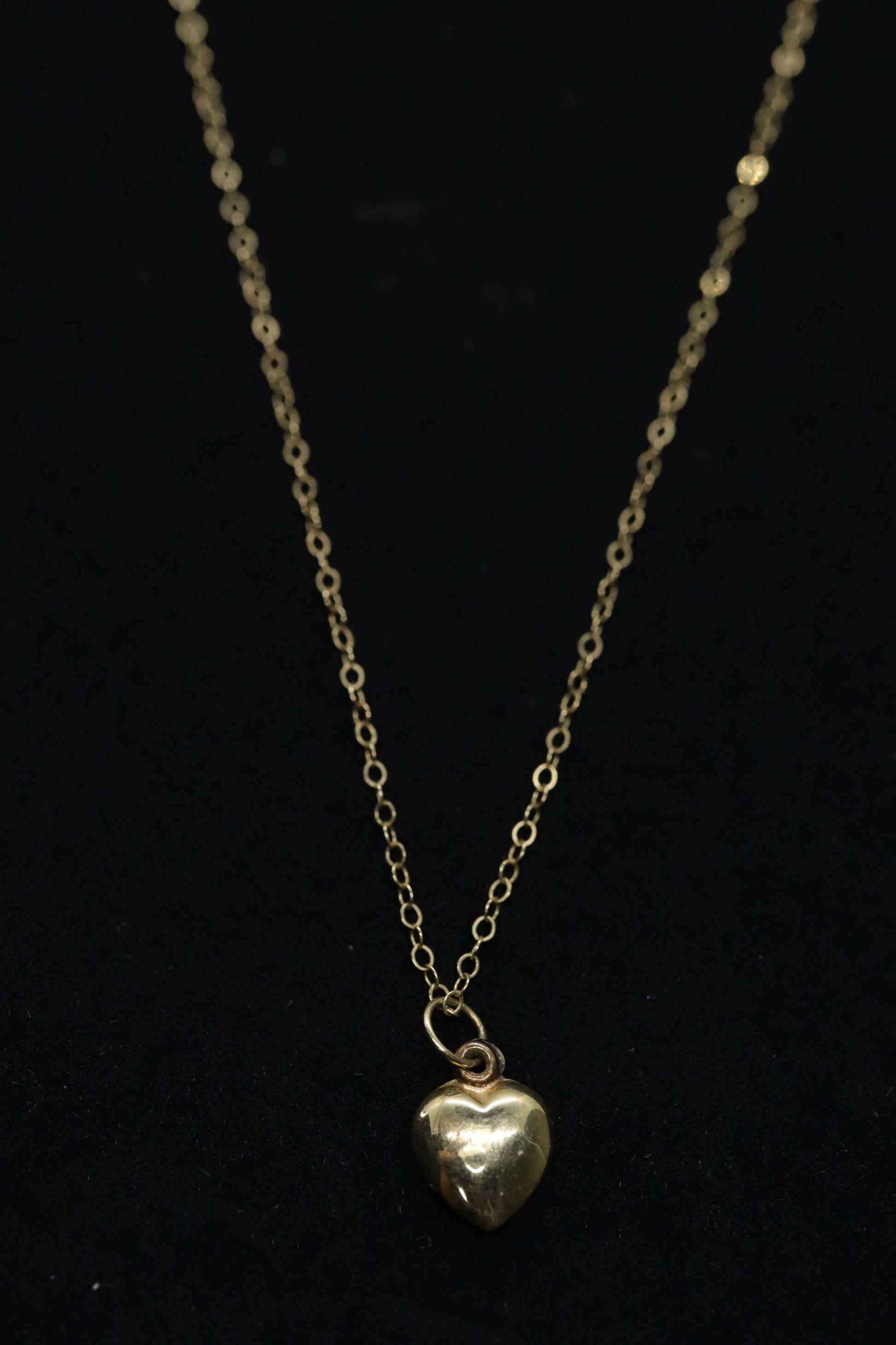 14k Puffed Heart Pendant. 14k Cable chain necklace. 1mm wide 15in length