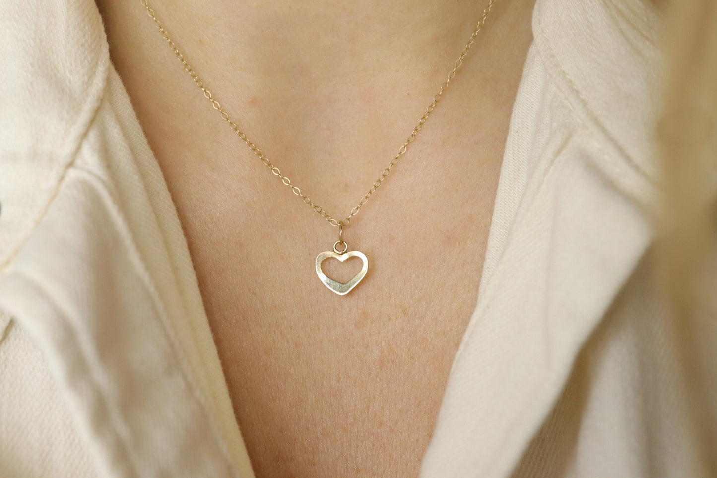 14k Open Heart Pendant. 14k Cable chain necklace. 1mm wide 15in length