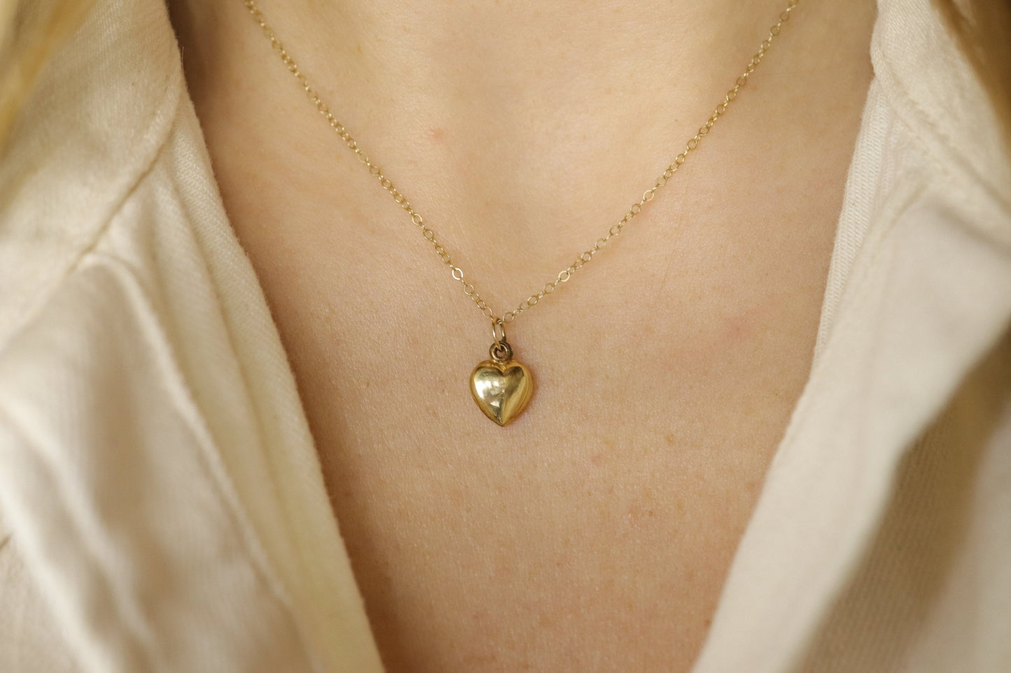 14k Puffed Heart Pendant. 14k Cable chain necklace. 1mm wide 15in length