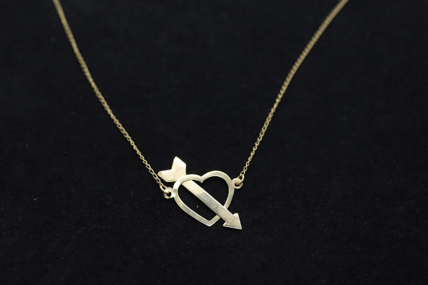 14k Open Heart Pendant. 14k Pierced Heart Arrow Cable chain necklace. 1mm wide 15in length
