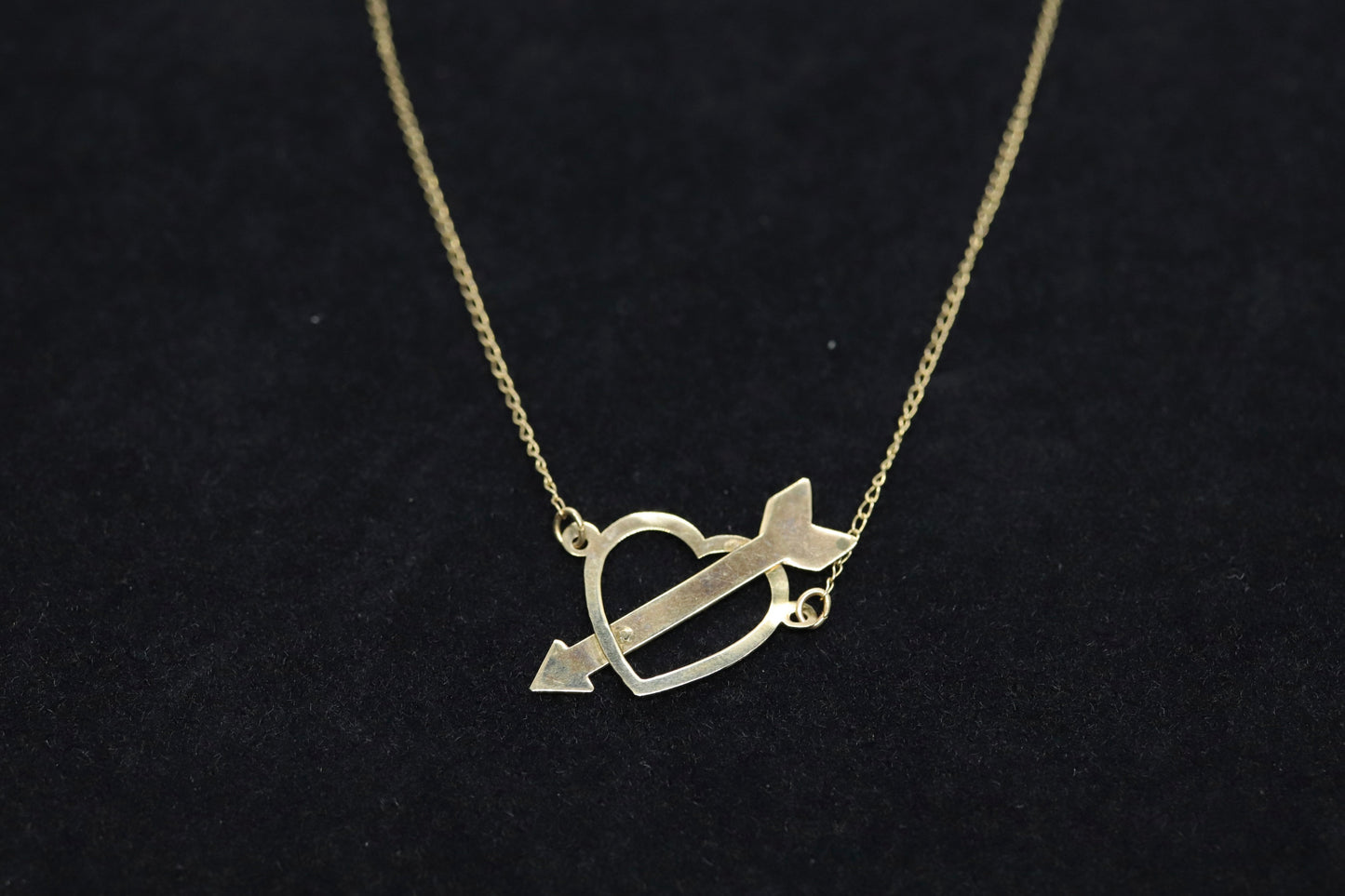 14k Open Heart Pendant. 14k Pierced Heart Arrow Cable chain necklace. 1mm wide 15in length