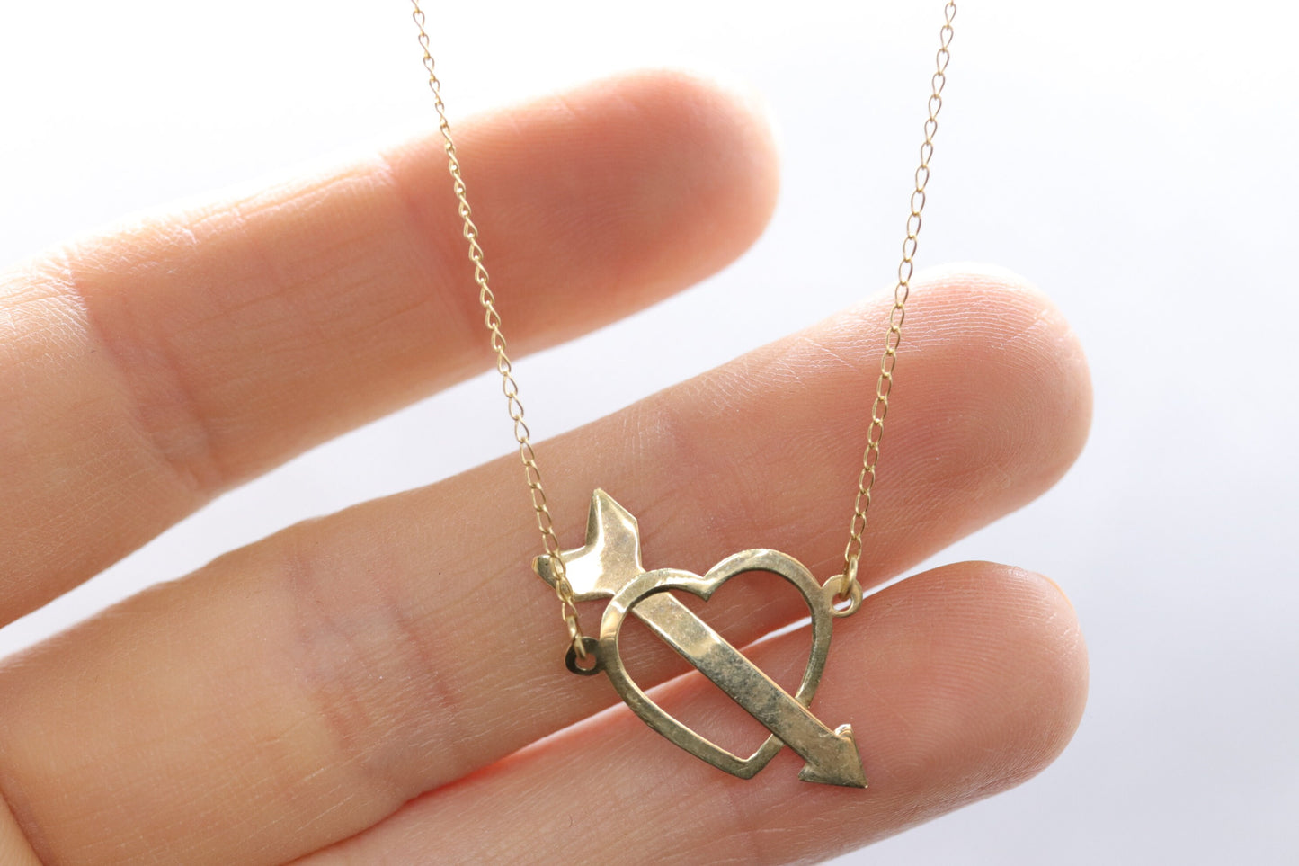 14k Open Heart Pendant. 14k Pierced Heart Arrow Cable chain necklace. 1mm wide 15in length