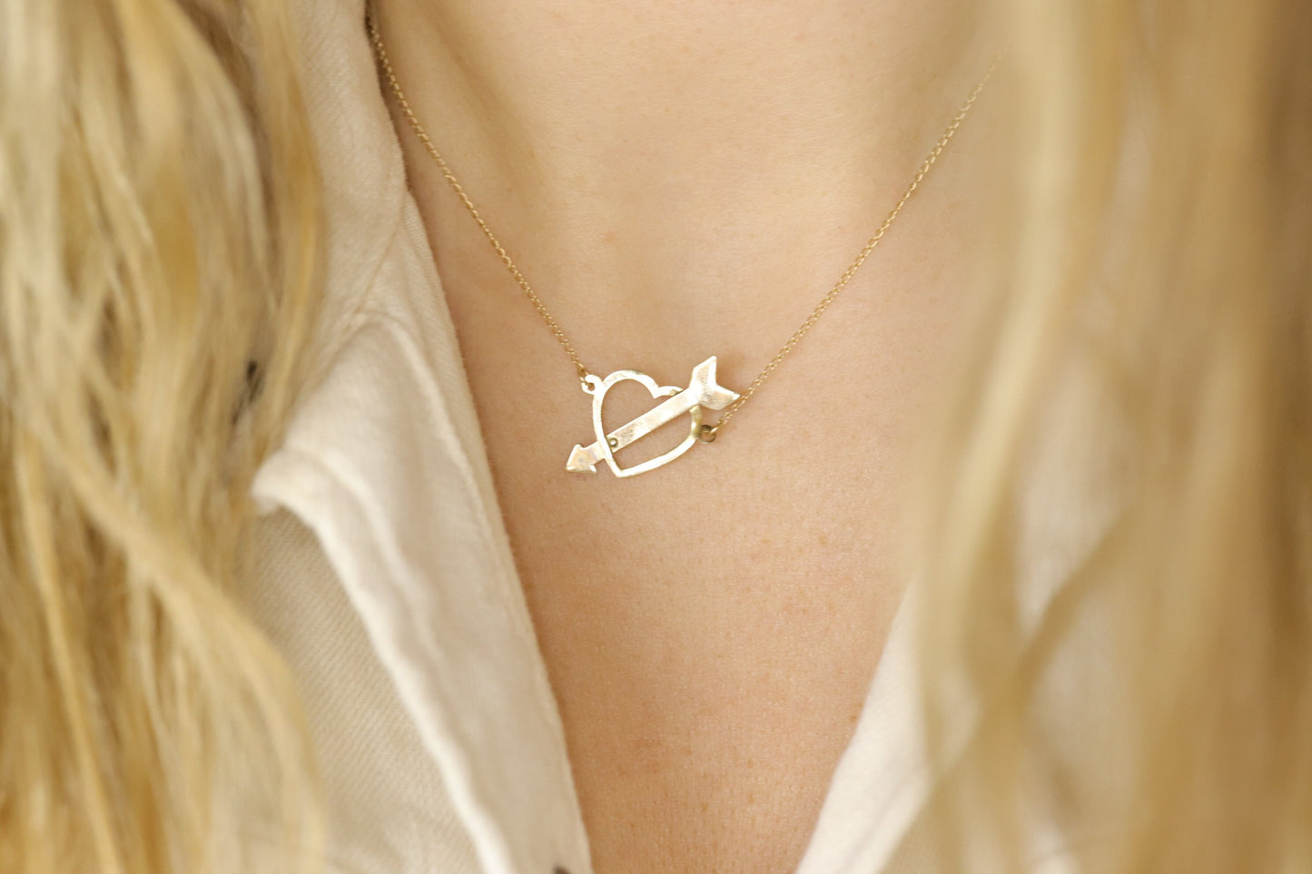 14k Open Heart Pendant. 14k Pierced Heart Arrow Cable chain necklace. 1mm wide 15in length