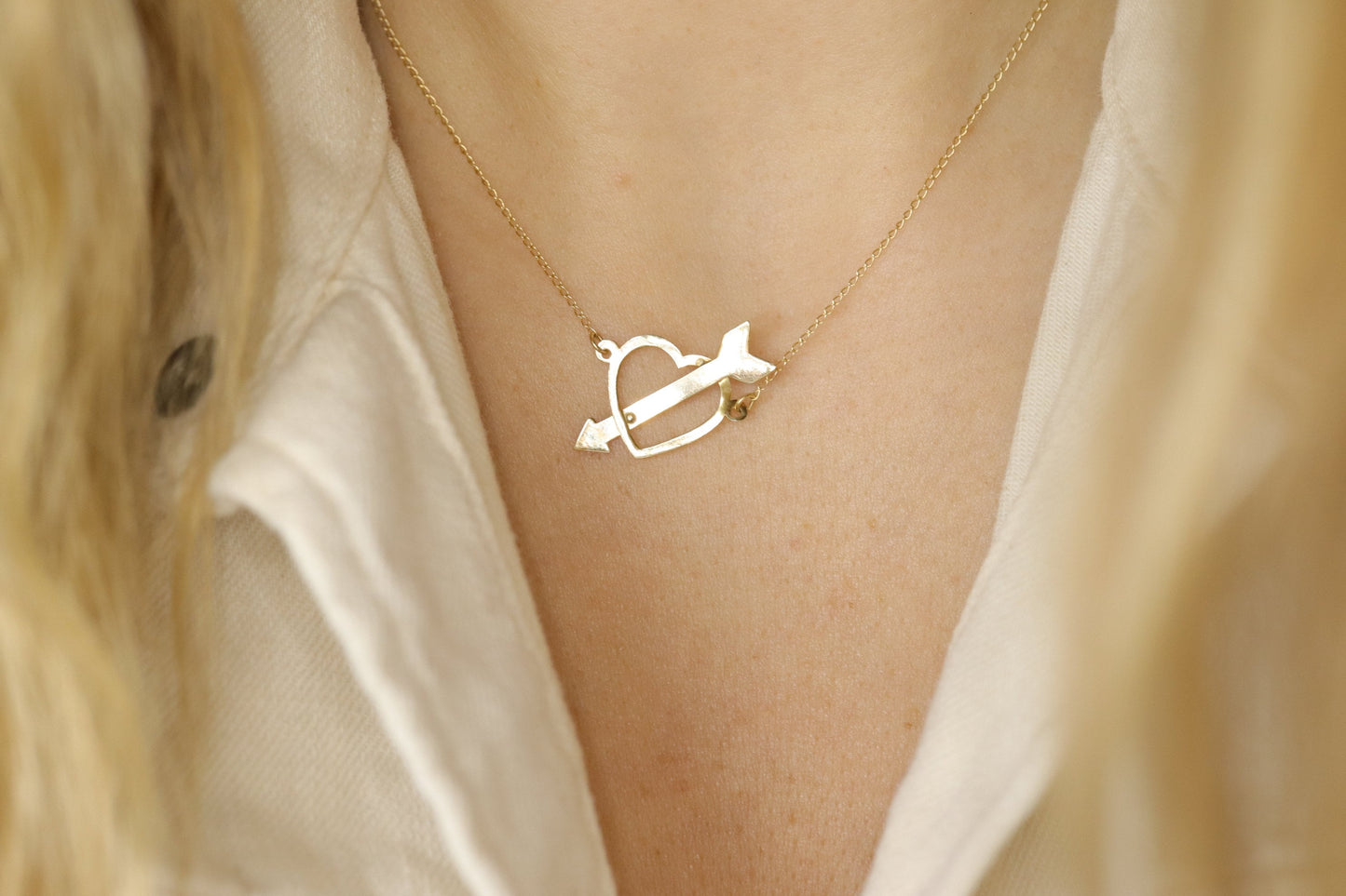 14k Open Heart Pendant. 14k Pierced Heart Arrow Cable chain necklace. 1mm wide 15in length