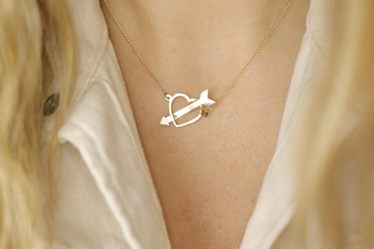 14k Open Heart Pendant. 14k Pierced Heart Arrow Cable chain necklace. 1mm wide 15in length