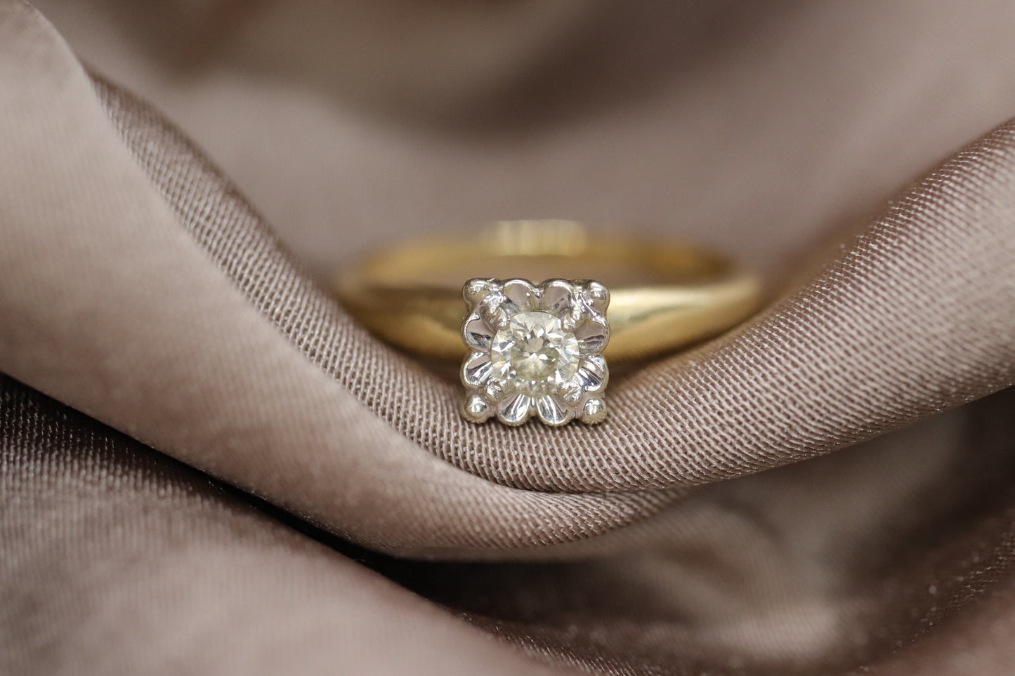 Art Deco Diamond ring. 14k Yellow and White Gold Square table.