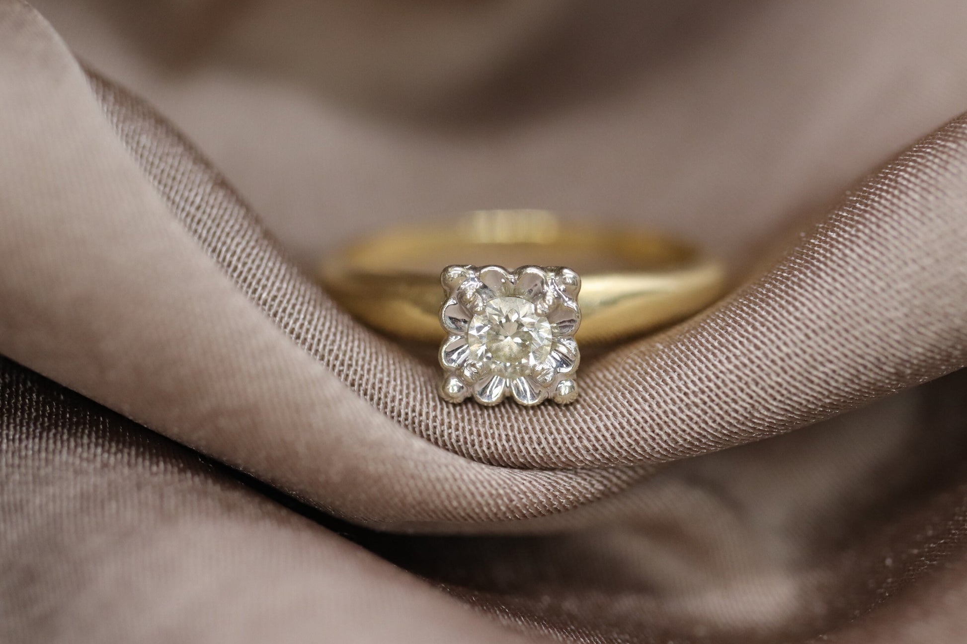 Art Deco Diamond ring. 14k Yellow and White Gold Square table.