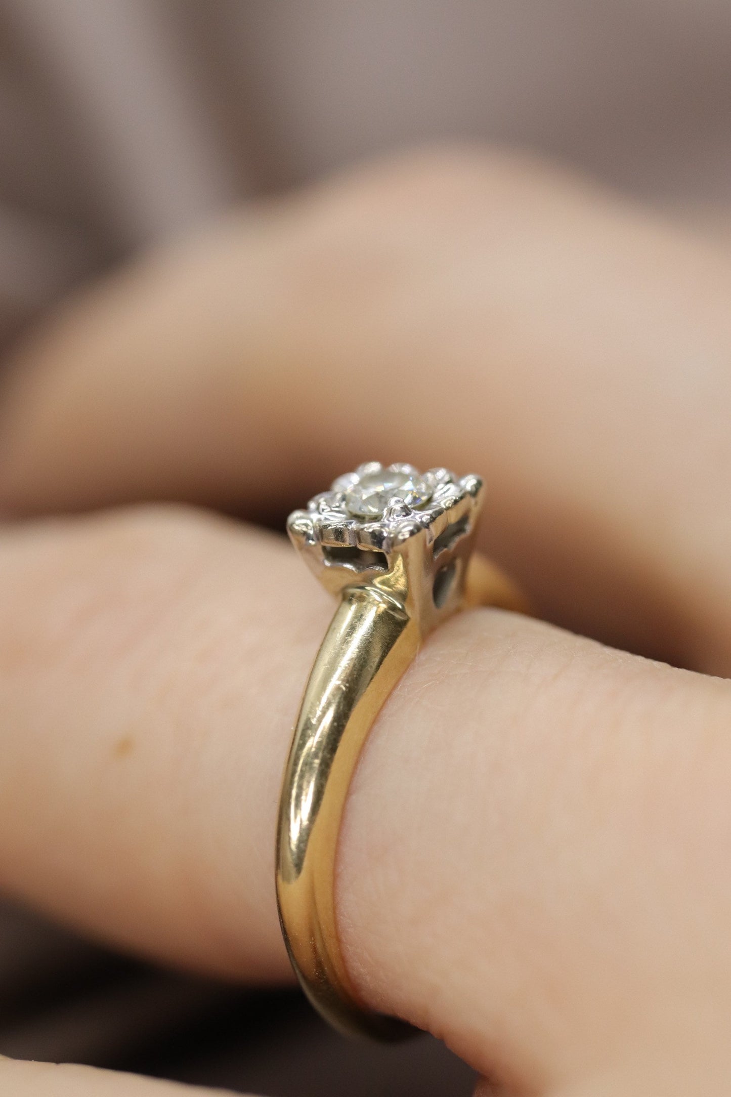 Art Deco Diamond ring. 14k Yellow and White Gold Square table.