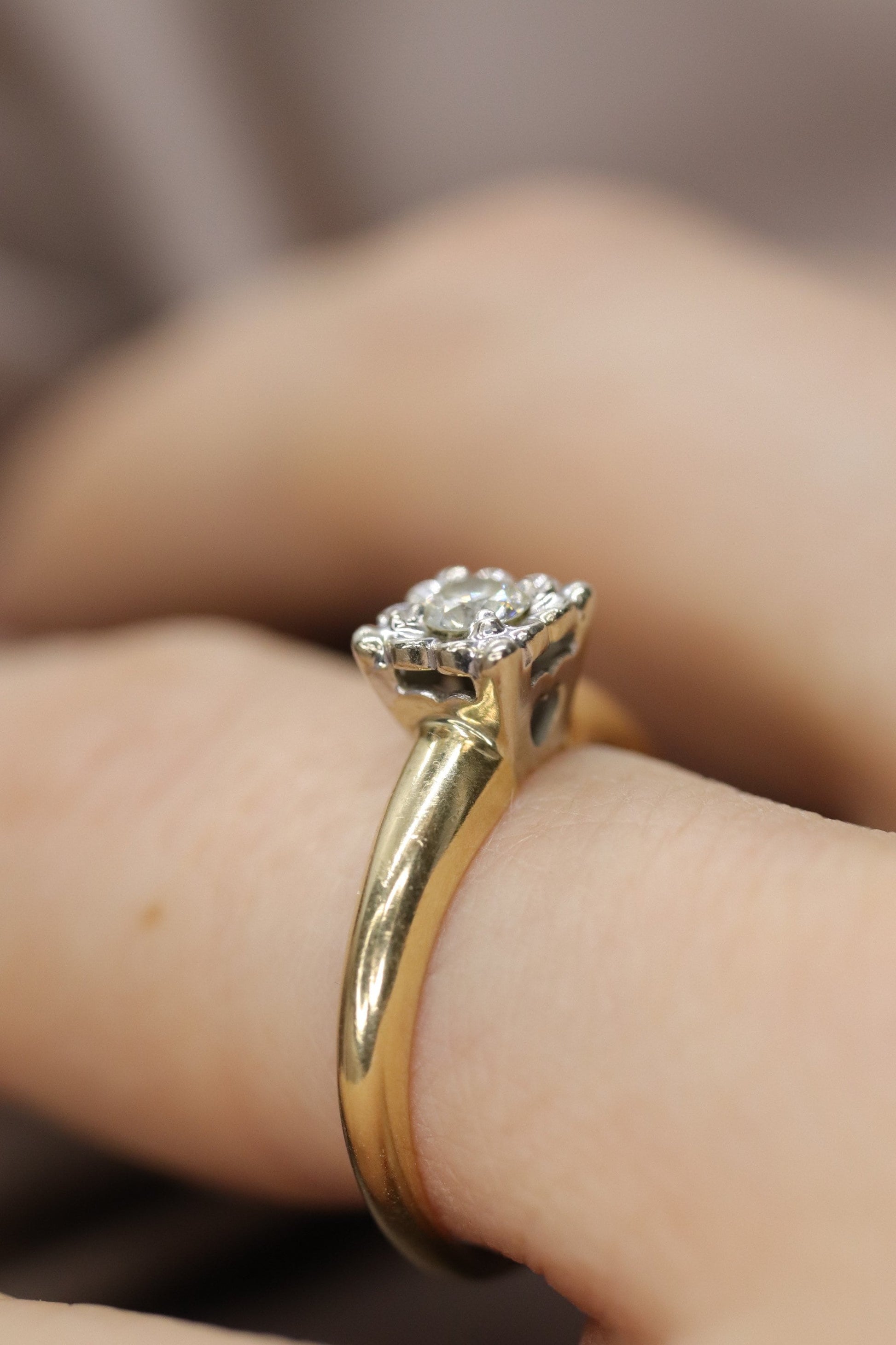 Art Deco Diamond ring. 14k Yellow and White Gold Square table.