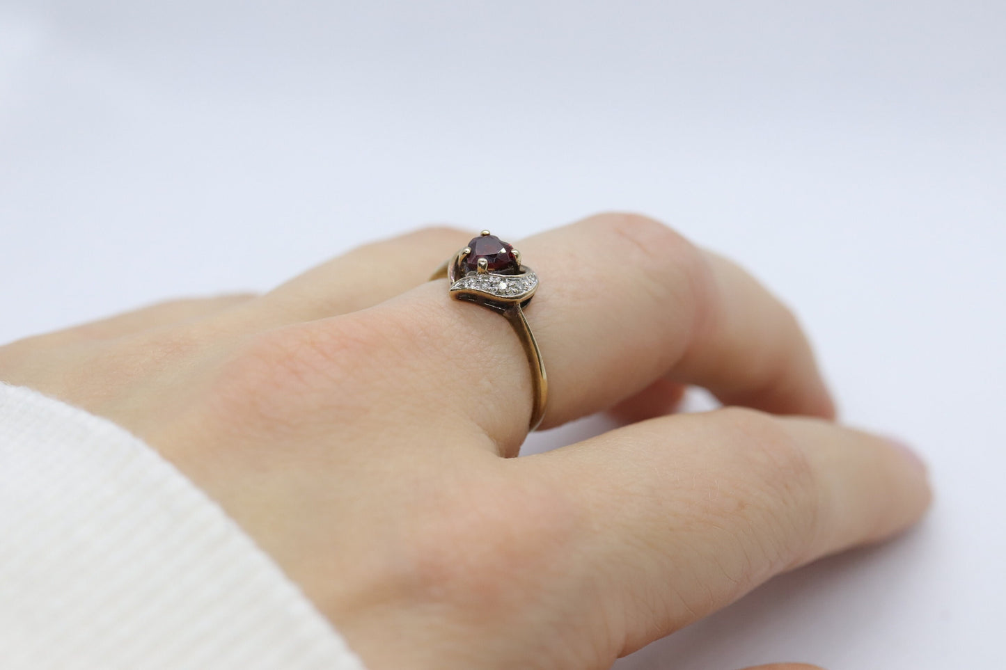 10k Garnet and Diamond Heart ring. Red Heart faceted gem ring
