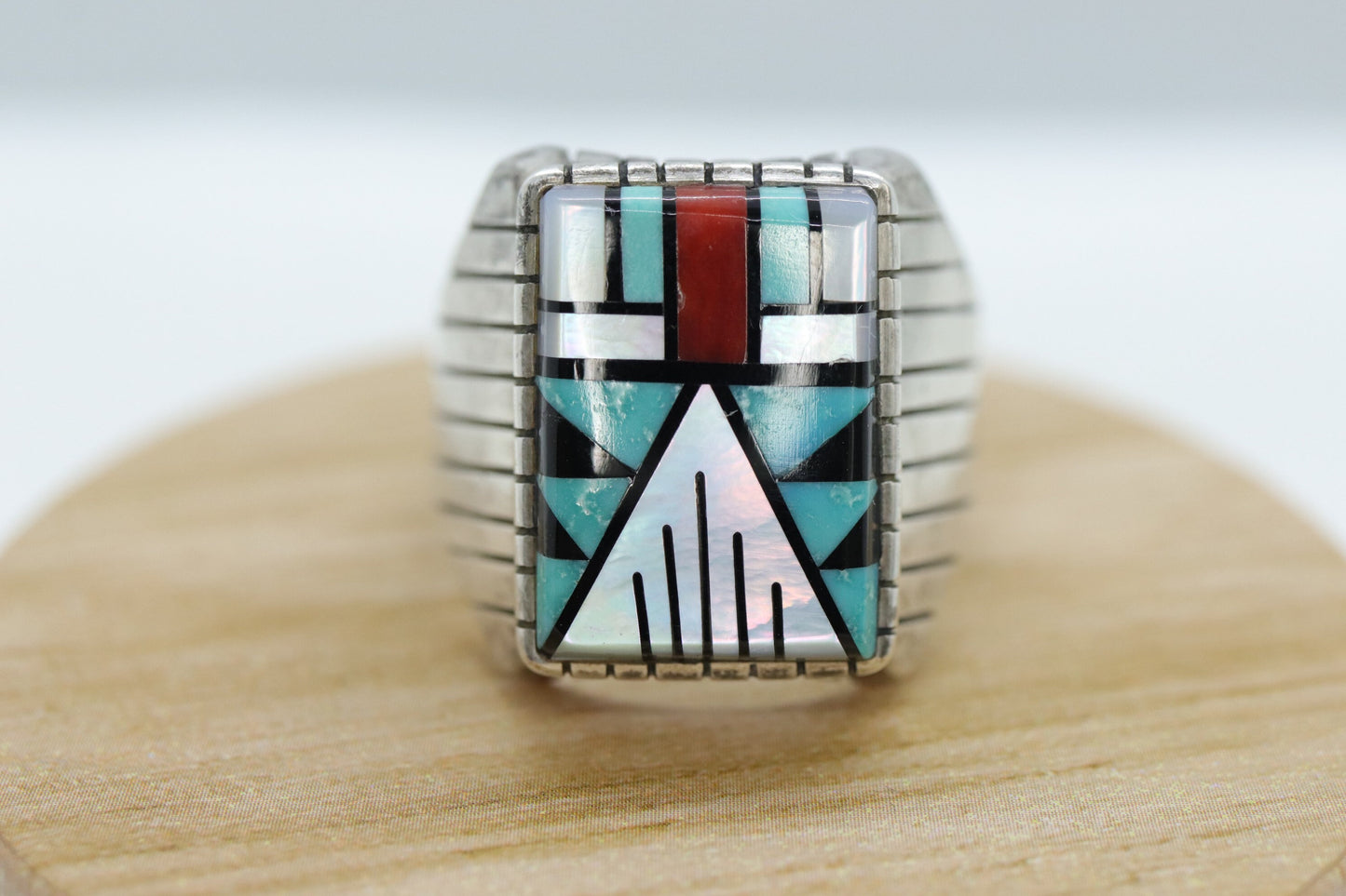 Heavy Zuni Sterling Silver Signet ring. MOP Turquoise Carnelian Inlay Design. Sz 13