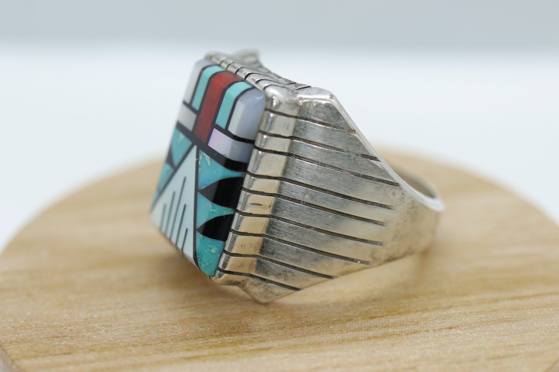 Heavy Zuni Sterling Silver Signet ring. MOP Turquoise Carnelian Inlay Design. Sz 13