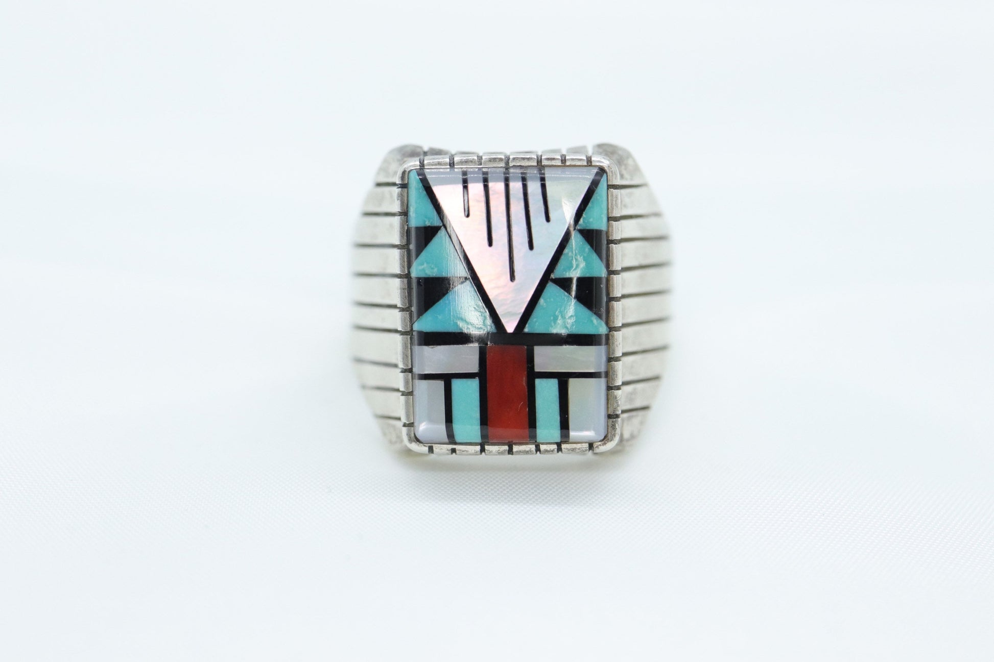 Heavy Zuni Sterling Silver Signet ring. MOP Turquoise Carnelian Inlay Design. Sz 13