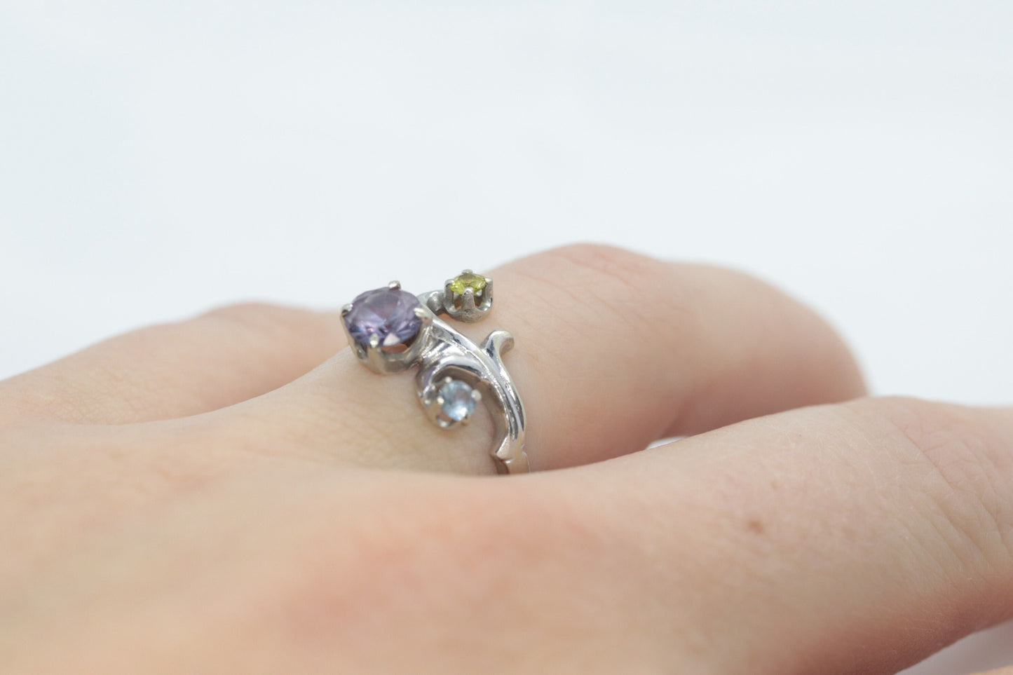 14k Blooming Flower and leaves ring. Multi gem Topaz flower ring.