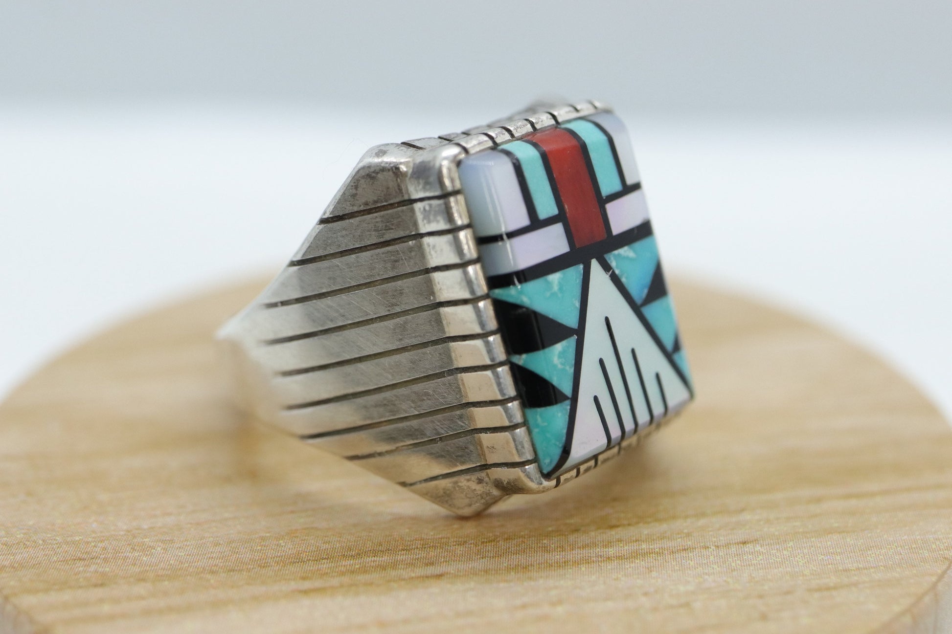 Heavy Zuni Sterling Silver Signet ring. MOP Turquoise Carnelian Inlay Design. Sz 13