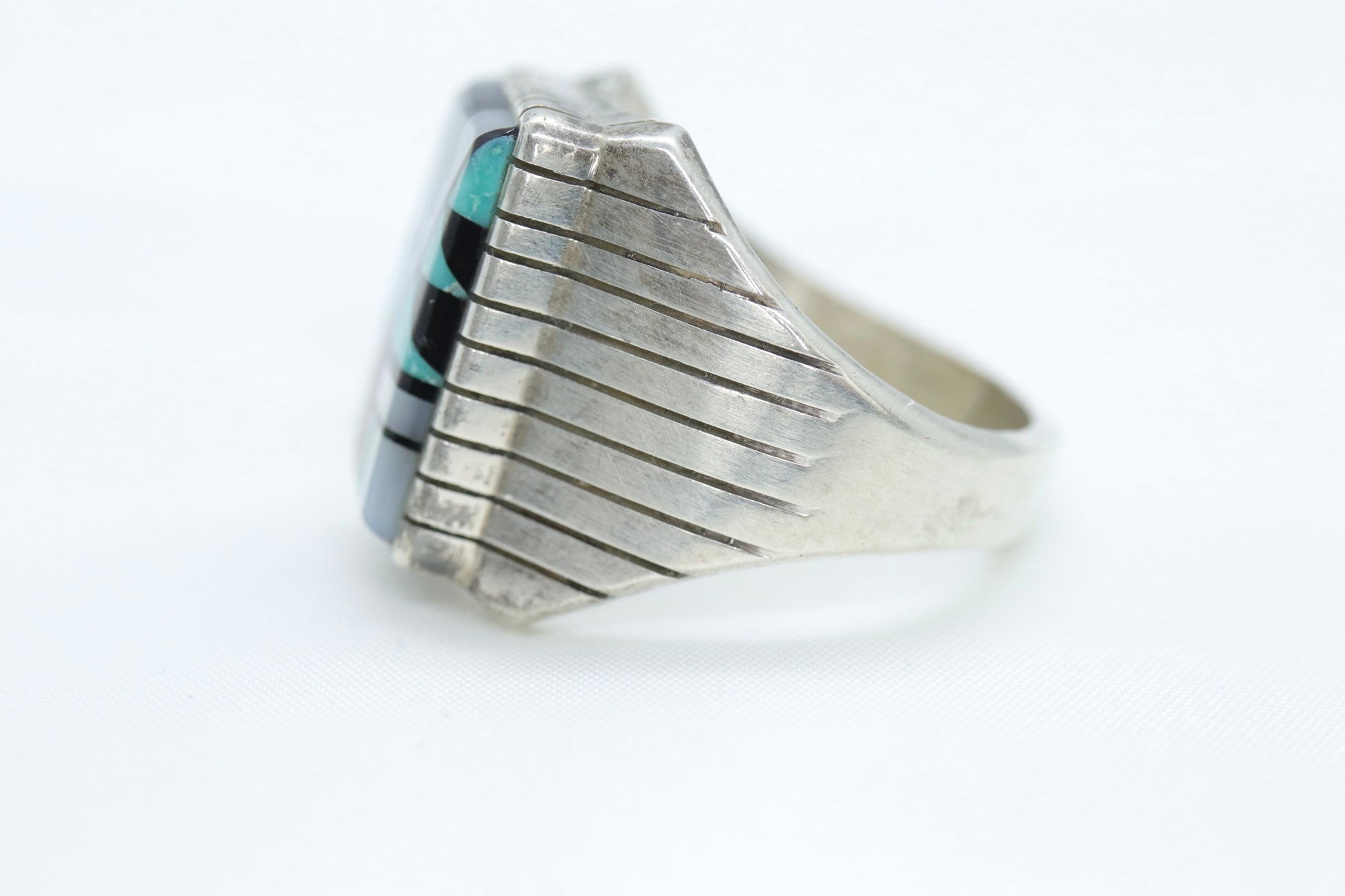 Heavy Zuni Sterling Silver Signet ring. MOP Turquoise Carnelian Inlay Design. Sz 13