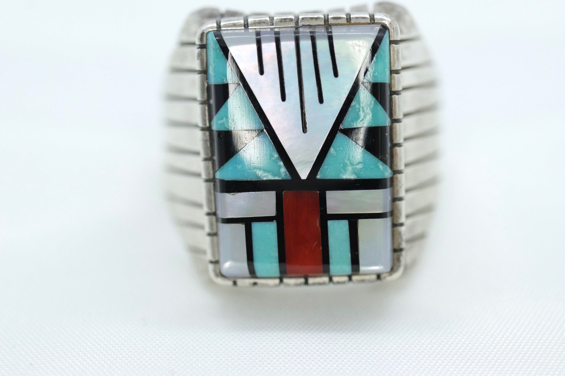 Heavy Zuni Sterling Silver Signet ring. MOP Turquoise Carnelian Inlay Design. Sz 13