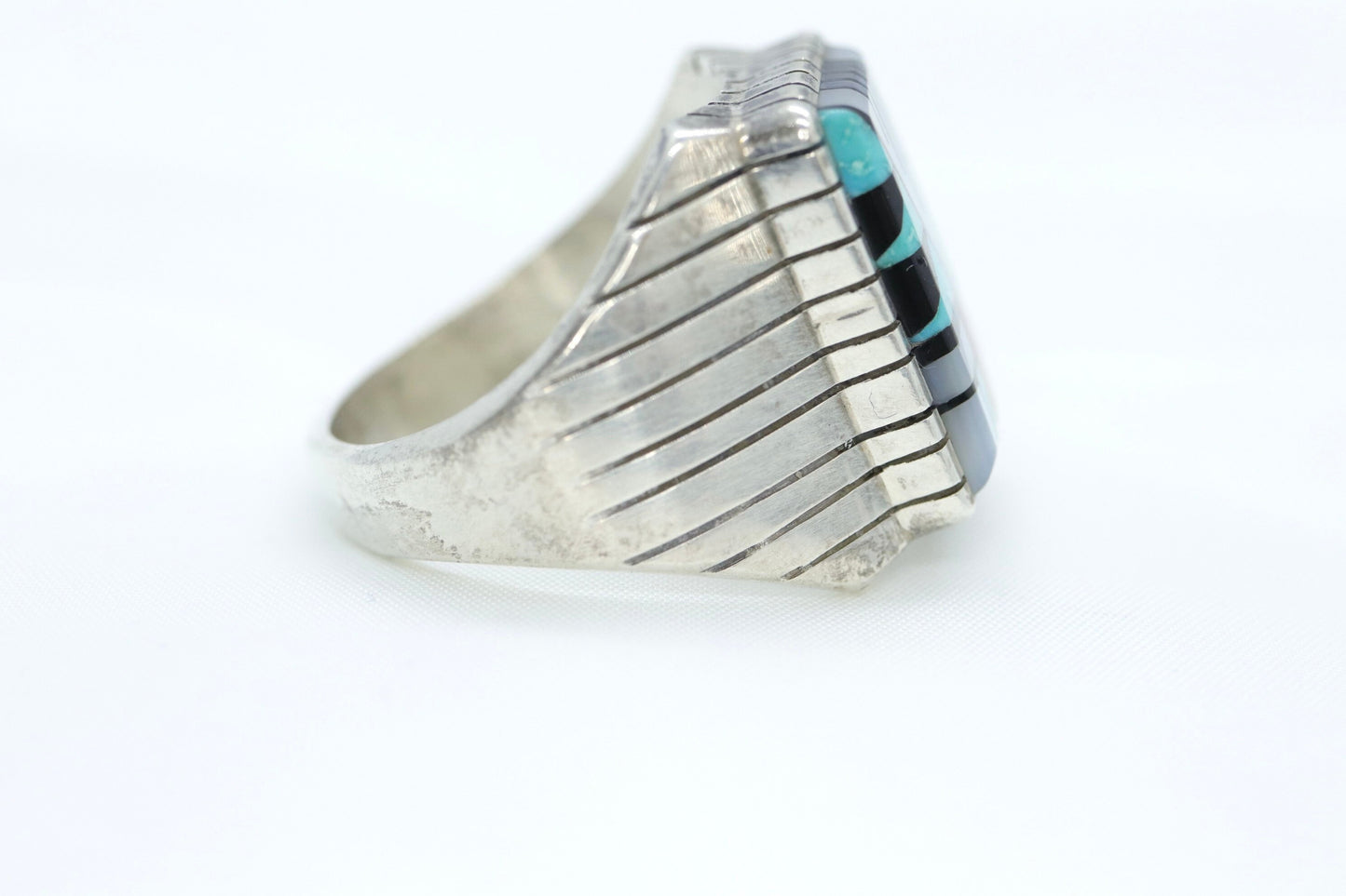 Heavy Zuni Sterling Silver Signet ring. MOP Turquoise Carnelian Inlay Design. Sz 13