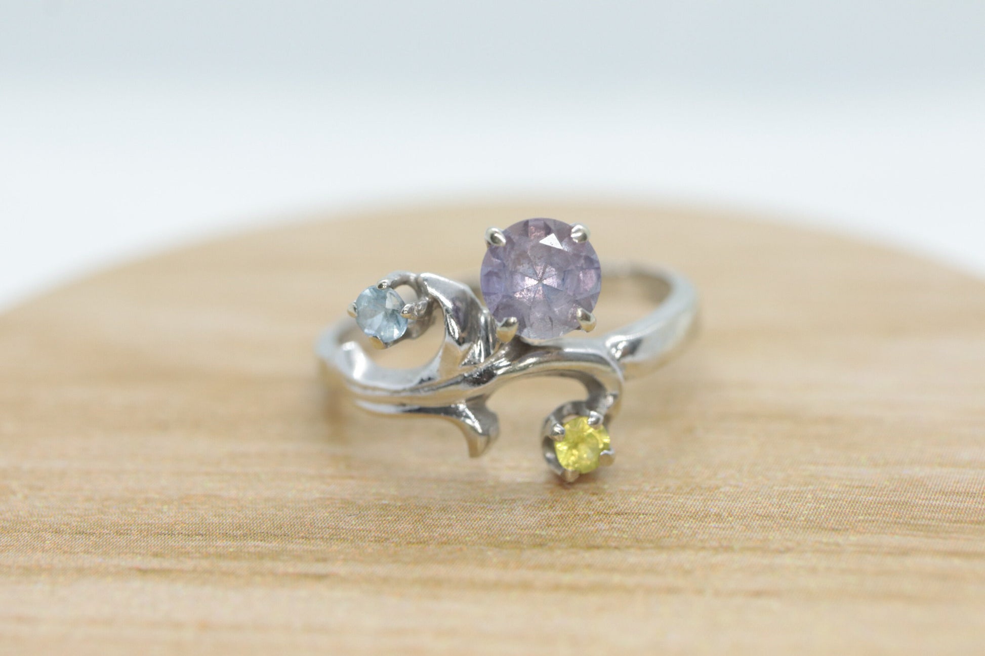 14k Blooming Flower and leaves ring. Multi gem Topaz flower ring.