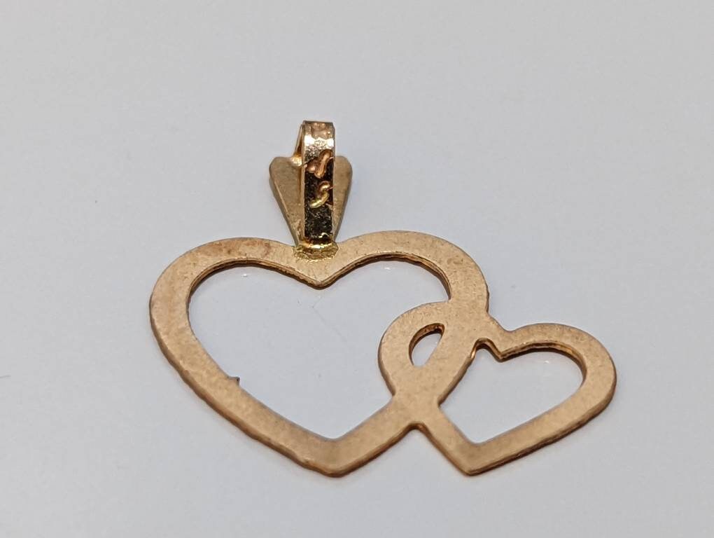 14k Open Heart Pendant. Double Heart Textured Charm Pendant