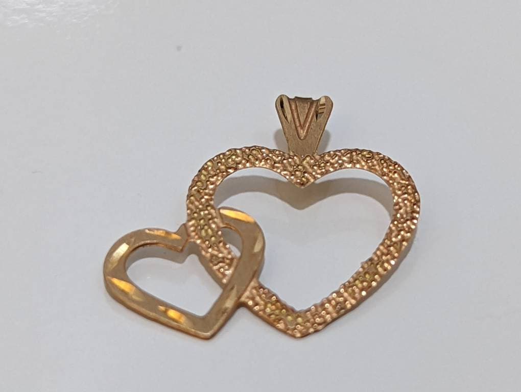 14k Open Heart Pendant. Double Heart Textured Charm Pendant