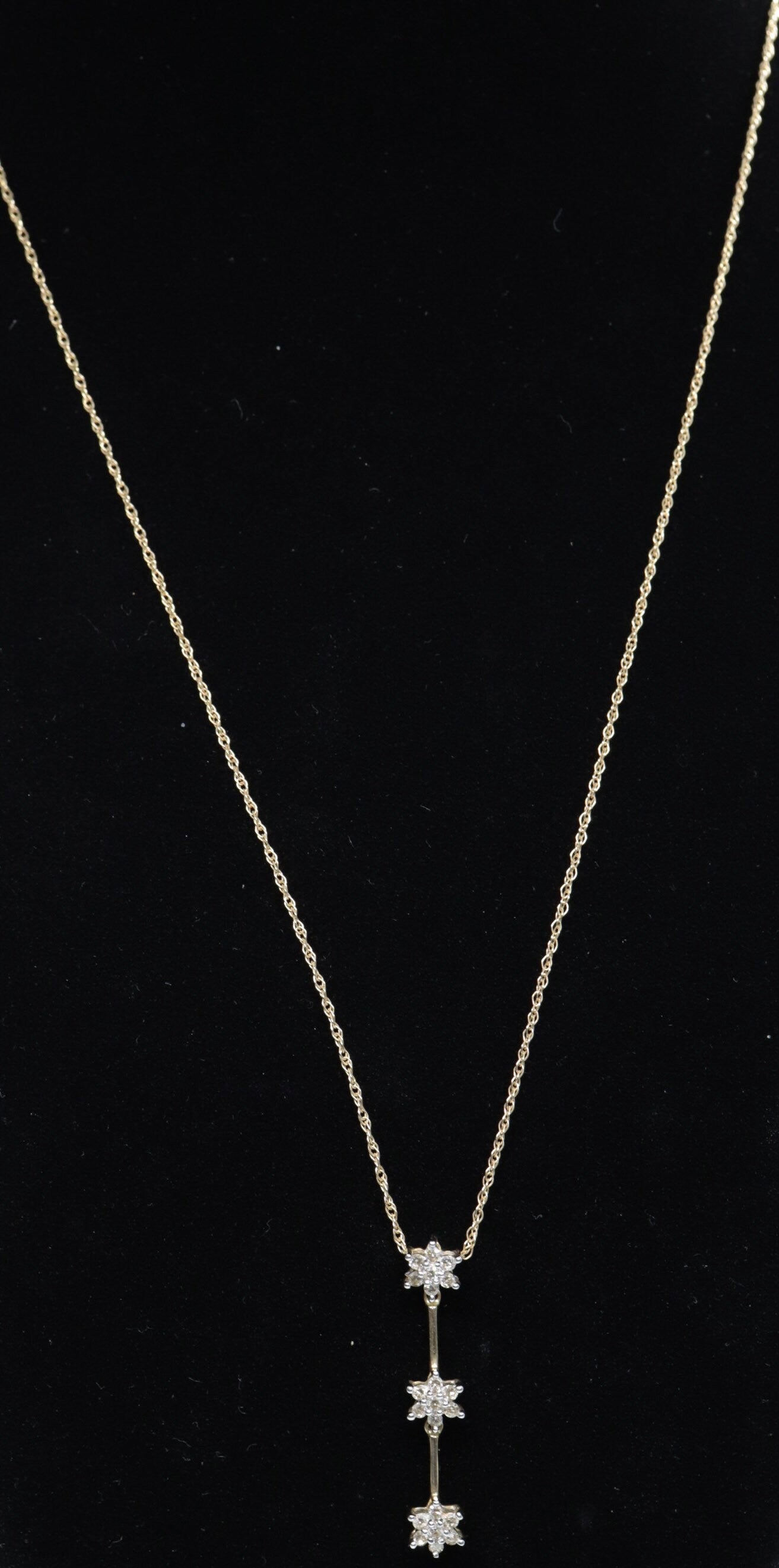 14k 3 Diamond Past Present Future Journey Pendant. 14k Yellow gold cluster diamond pendant Rope necklace. st (74/75)