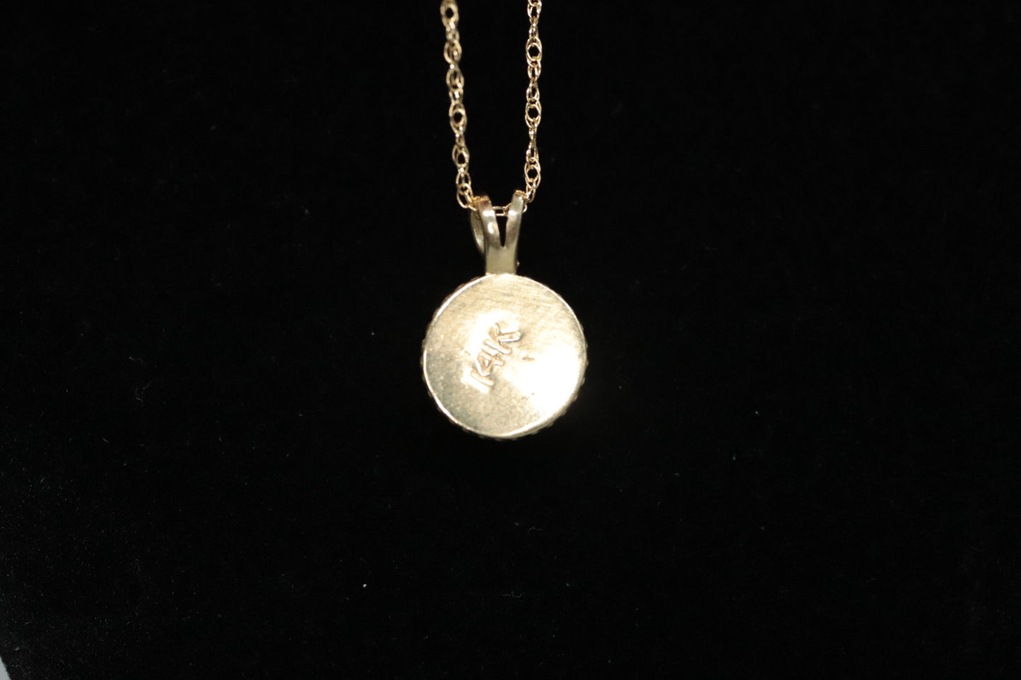 14k Zuni Pendant. Navajo Mop Turquoise Carnelian Inlay in a round canister setting. st(92/00)