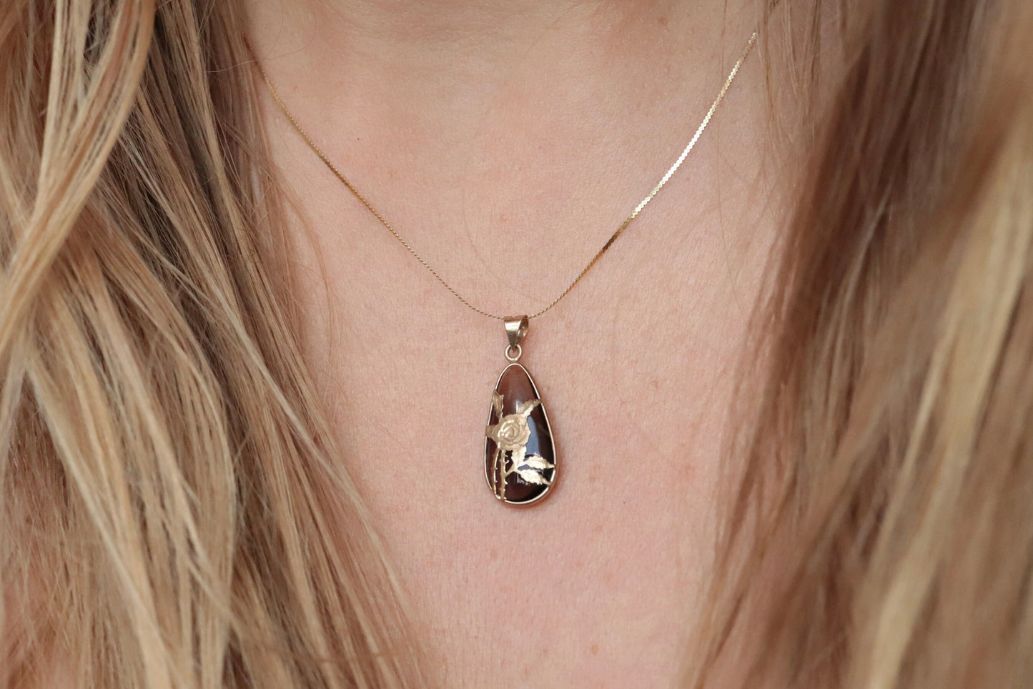 14k Rose Flower setting and a Smoky Quartz Pendant. Engraved and Stamped ROSE Necklace st(63/25)