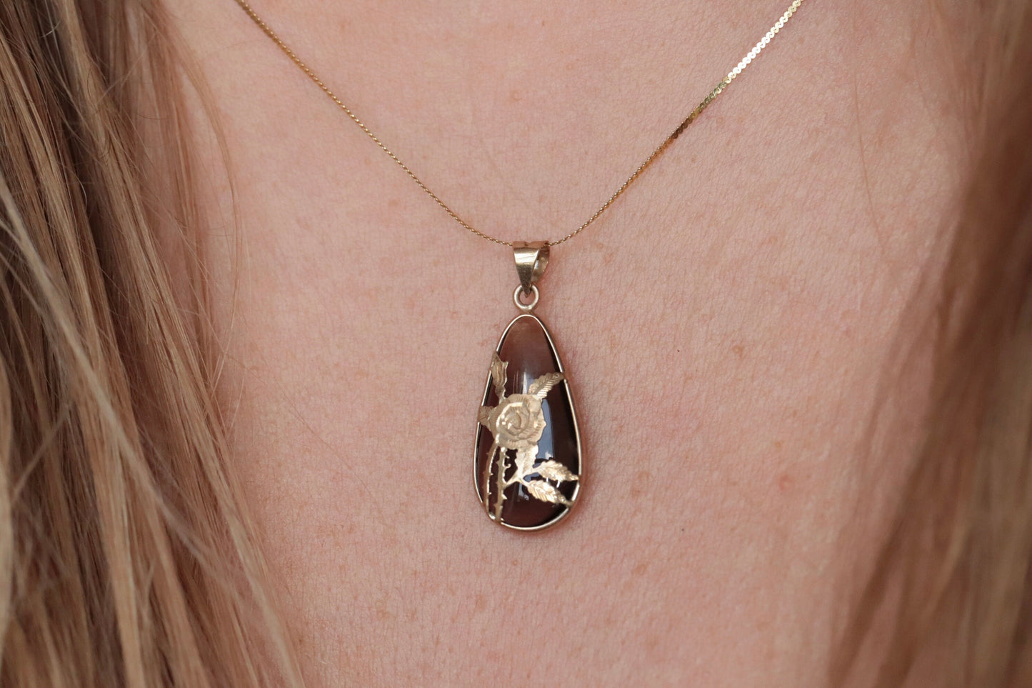 14k Rose Flower setting and a Smoky Quartz Pendant. Engraved and Stamped ROSE Necklace st(63/25)