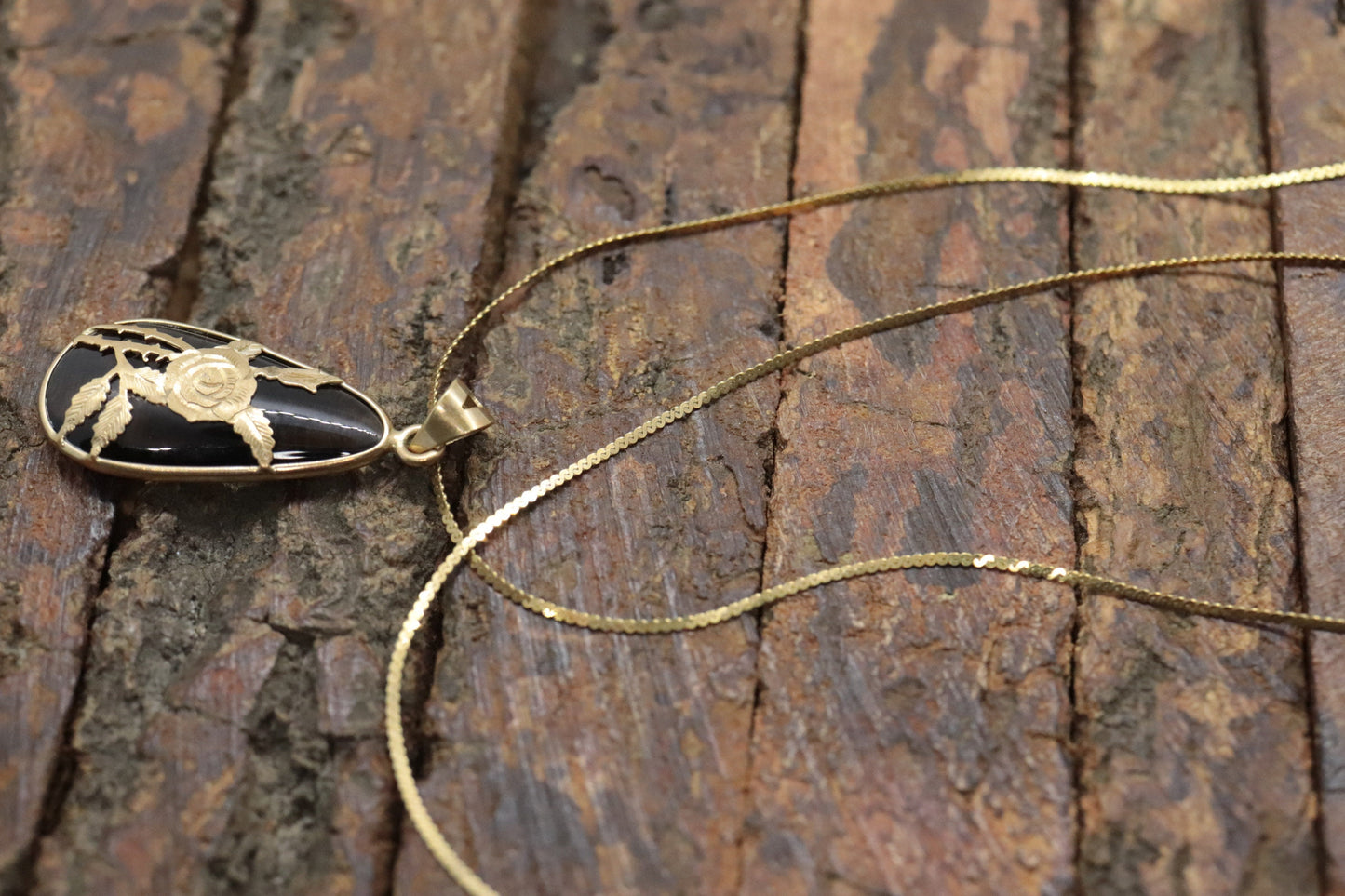 14k Rose Flower setting and a Smoky Quartz Pendant. Engraved and Stamped ROSE Necklace st(63/25)